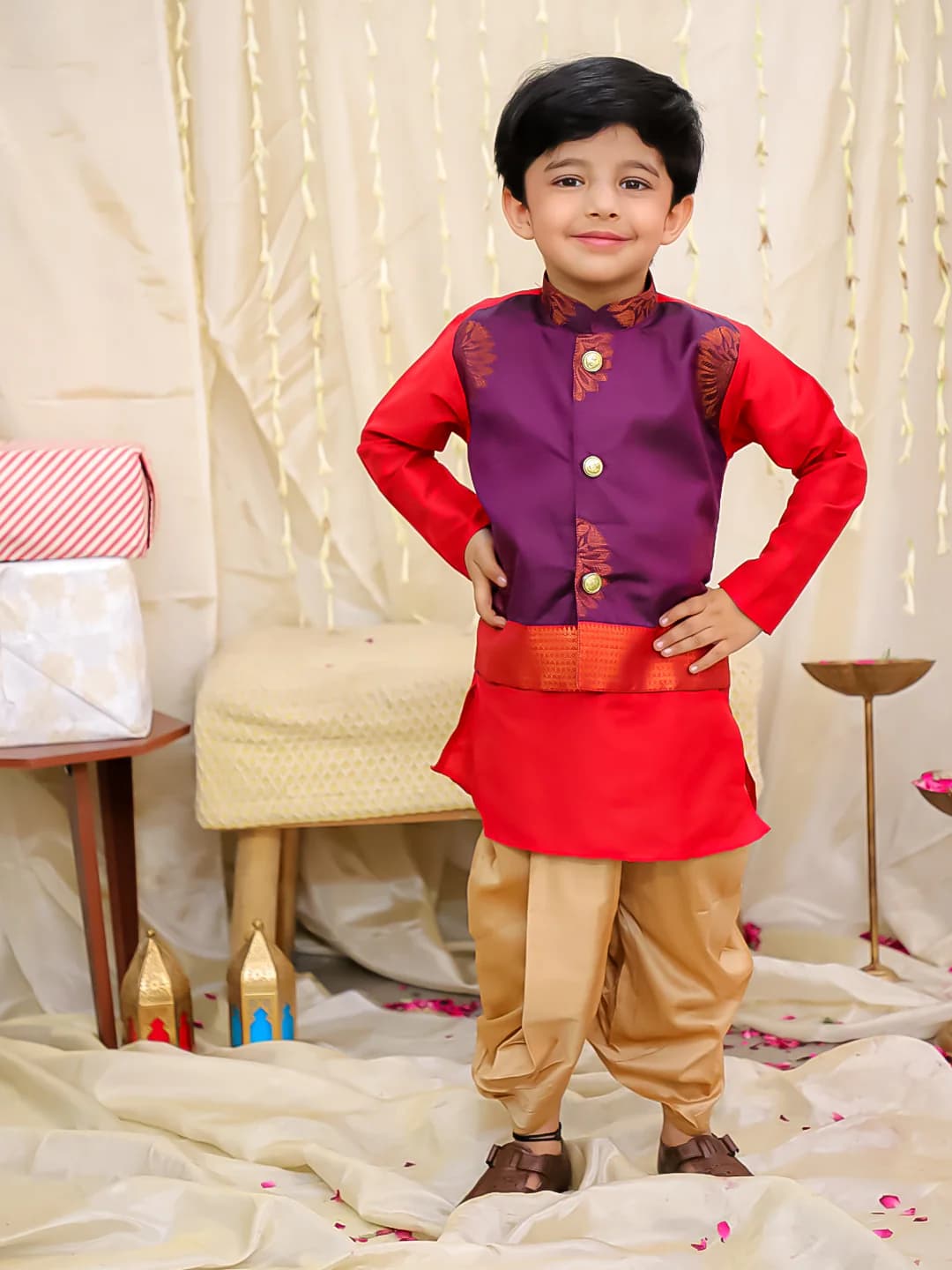 Boys Purple Attached Jacket Kurta With Dhoti Set