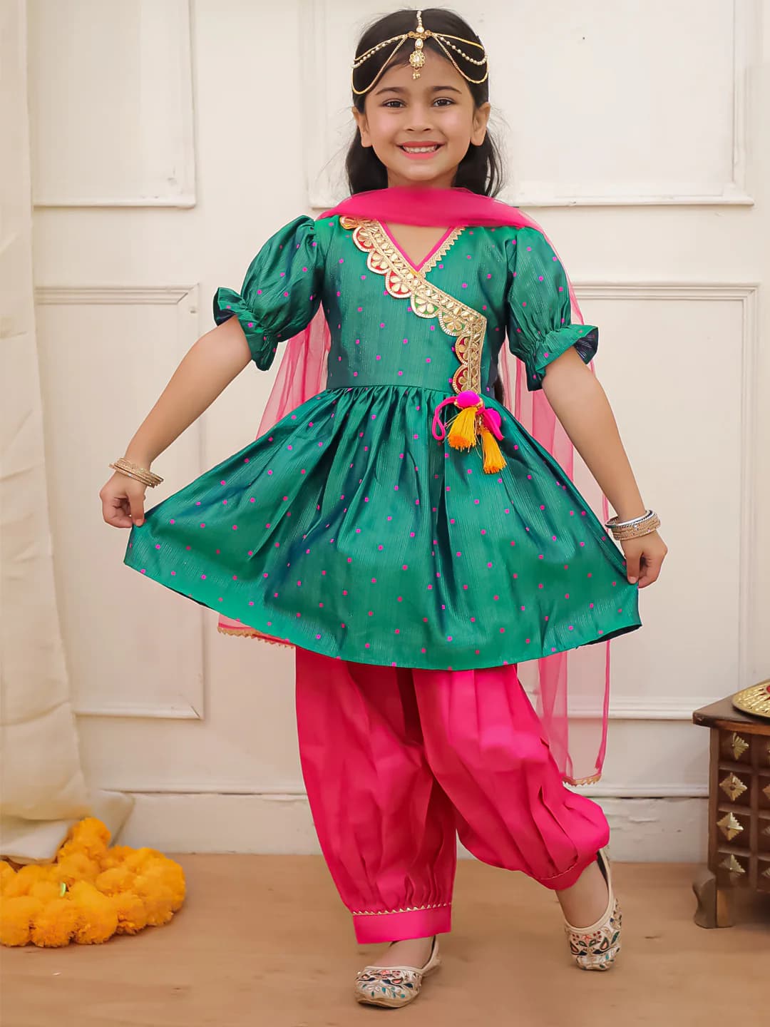 Girls Green Chaandbutti Peplum Top With Afgani Salwar With Dupatta Set