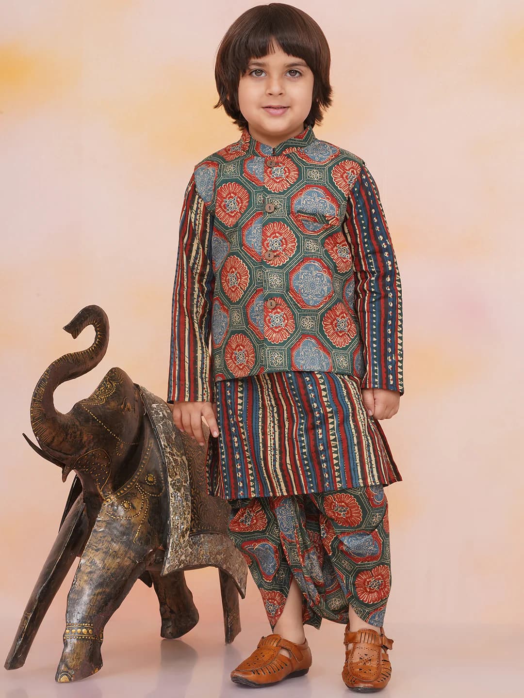 Boys Green Floral Jacket With Motif Printed Kurta and Dhoti Set
