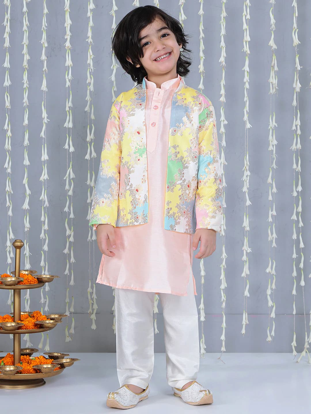 Boys Pink Dew Drop Jacket With Kurta And Pyjama Set