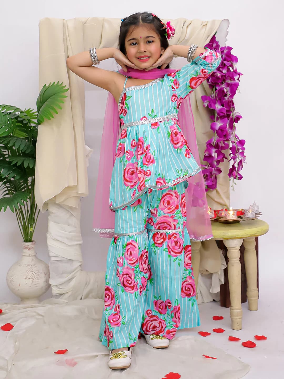 Girls Blue Guldasta Kurti Sharara With Dupatta Set