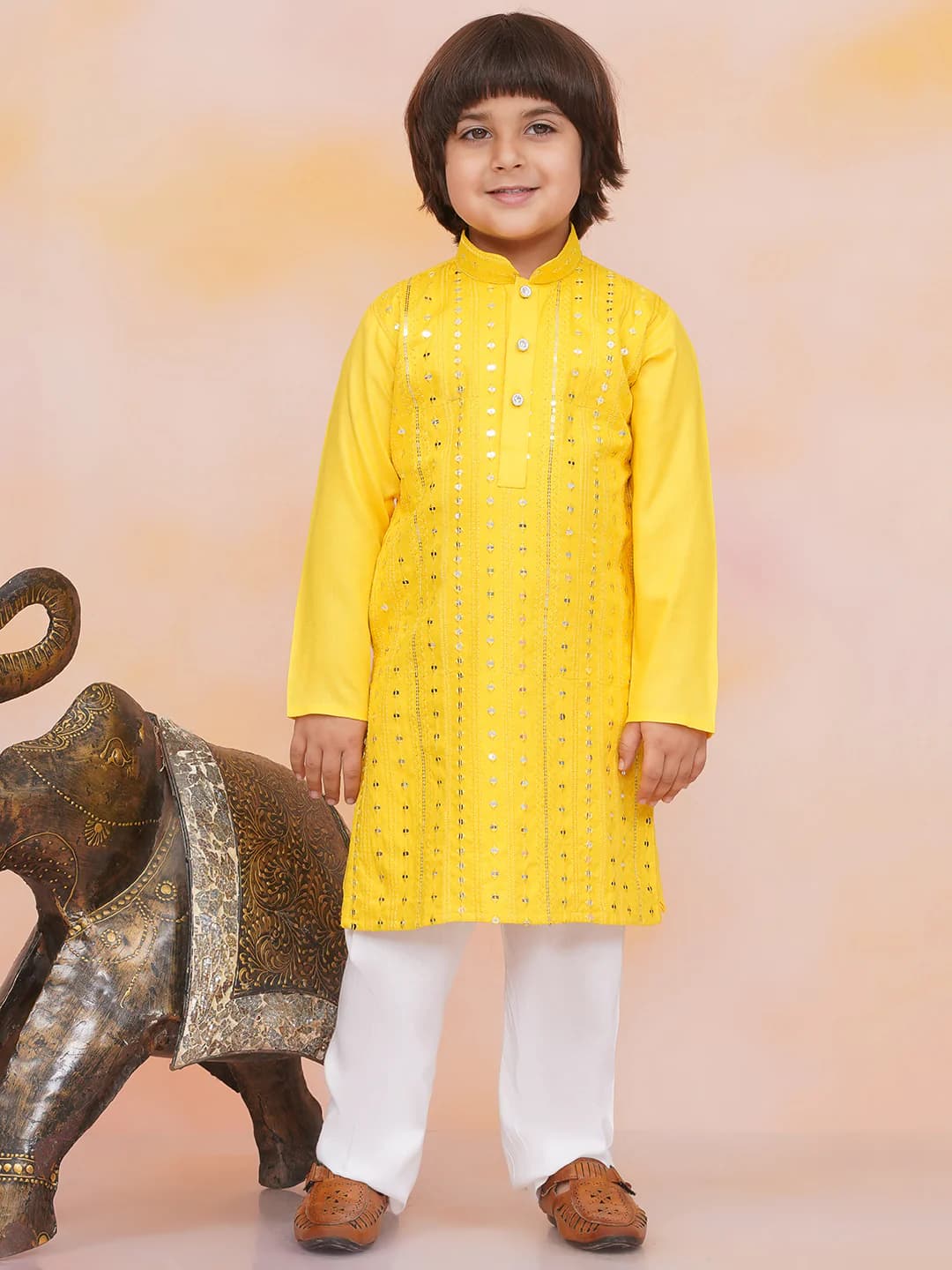 Boys Yellow Mirror Shimmer Rayon Kurta Pyjama Set