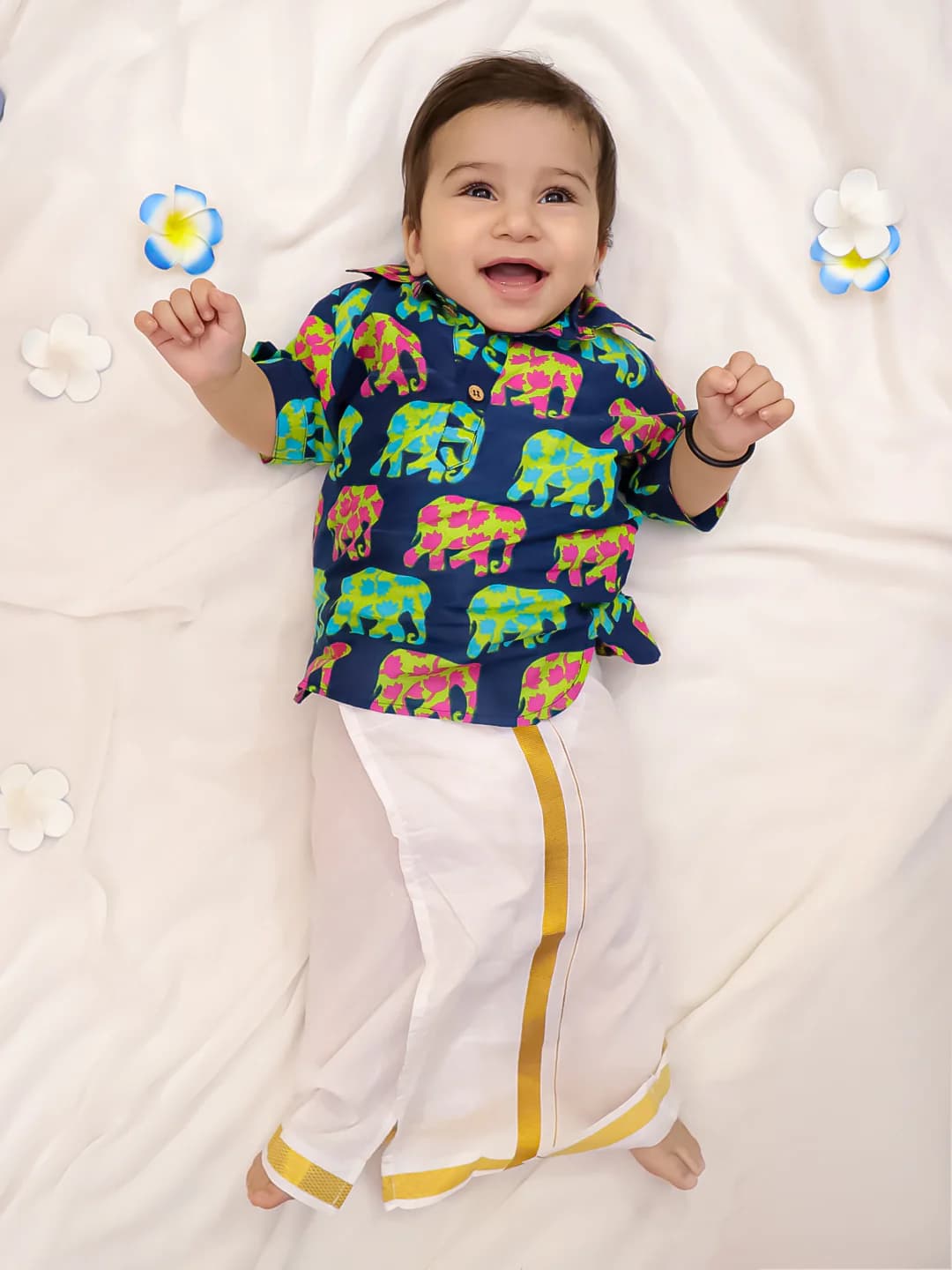 Boys Blue Elephant Print Shirt With Lungi Set