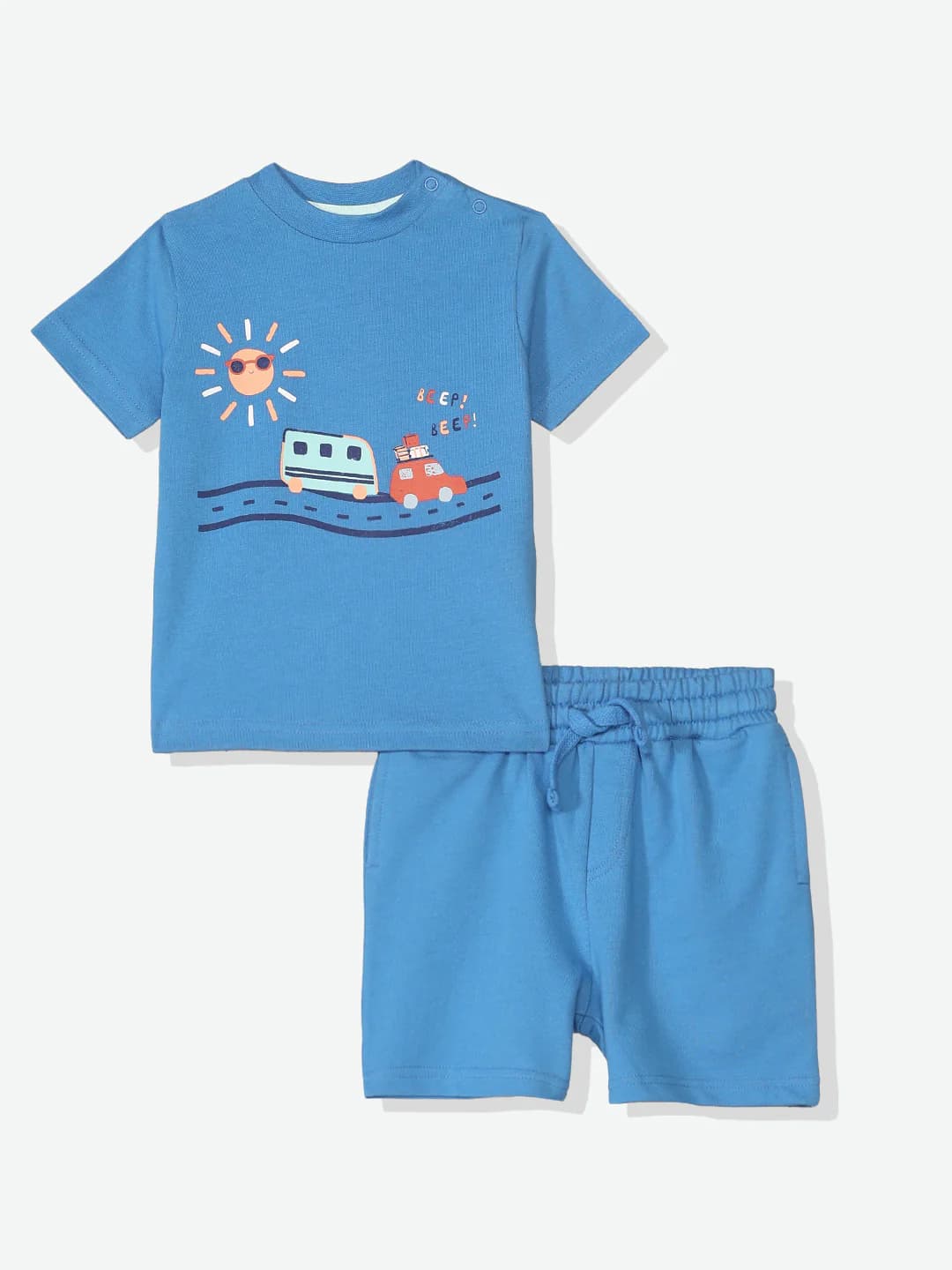 Boys Blue Casual Printed Regular Fit Tshirt and Mid Rise Shorts