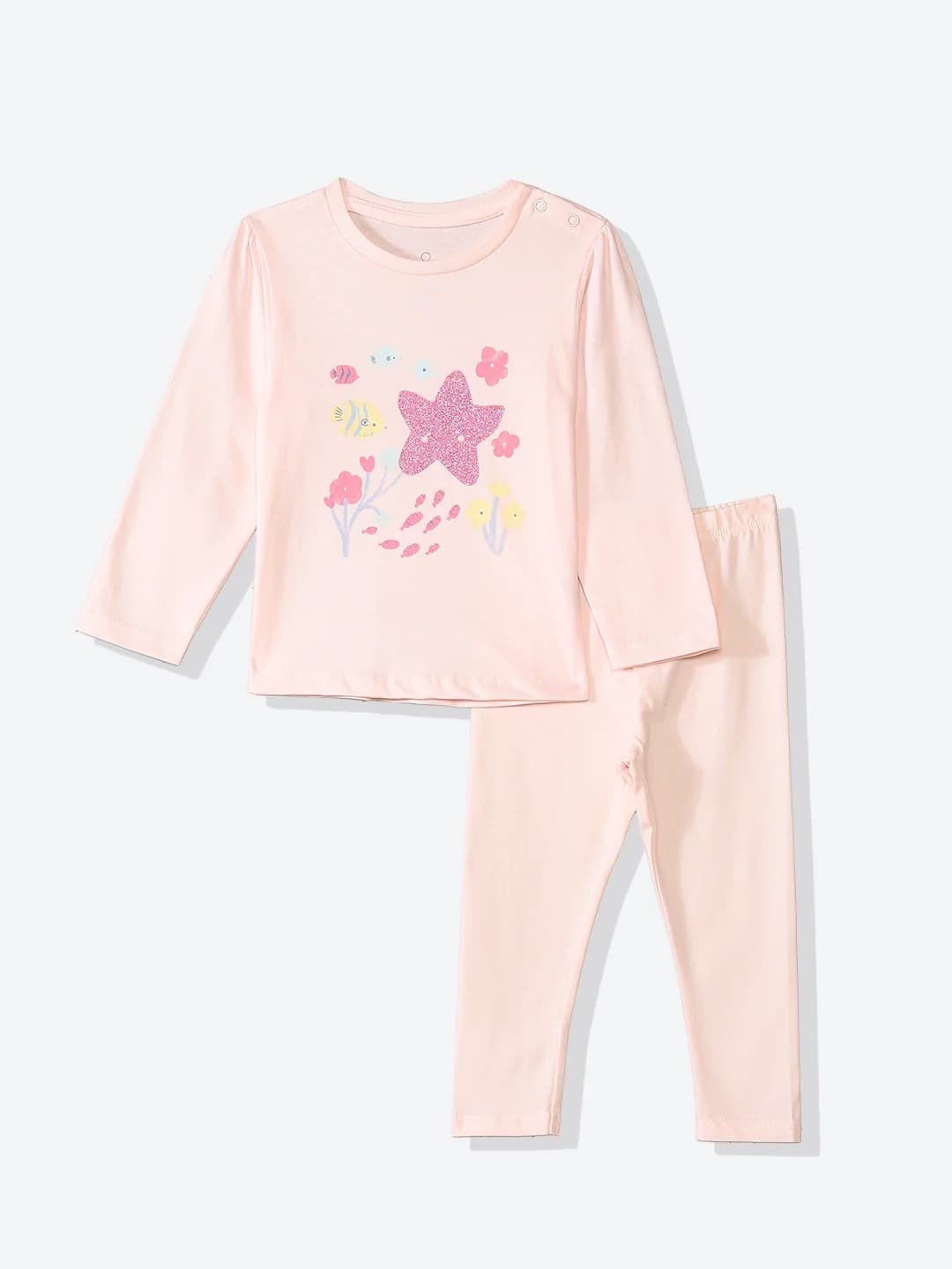 Girls Pink Casual Printed Regular Fit Tshirt and Mid Rise Leggings