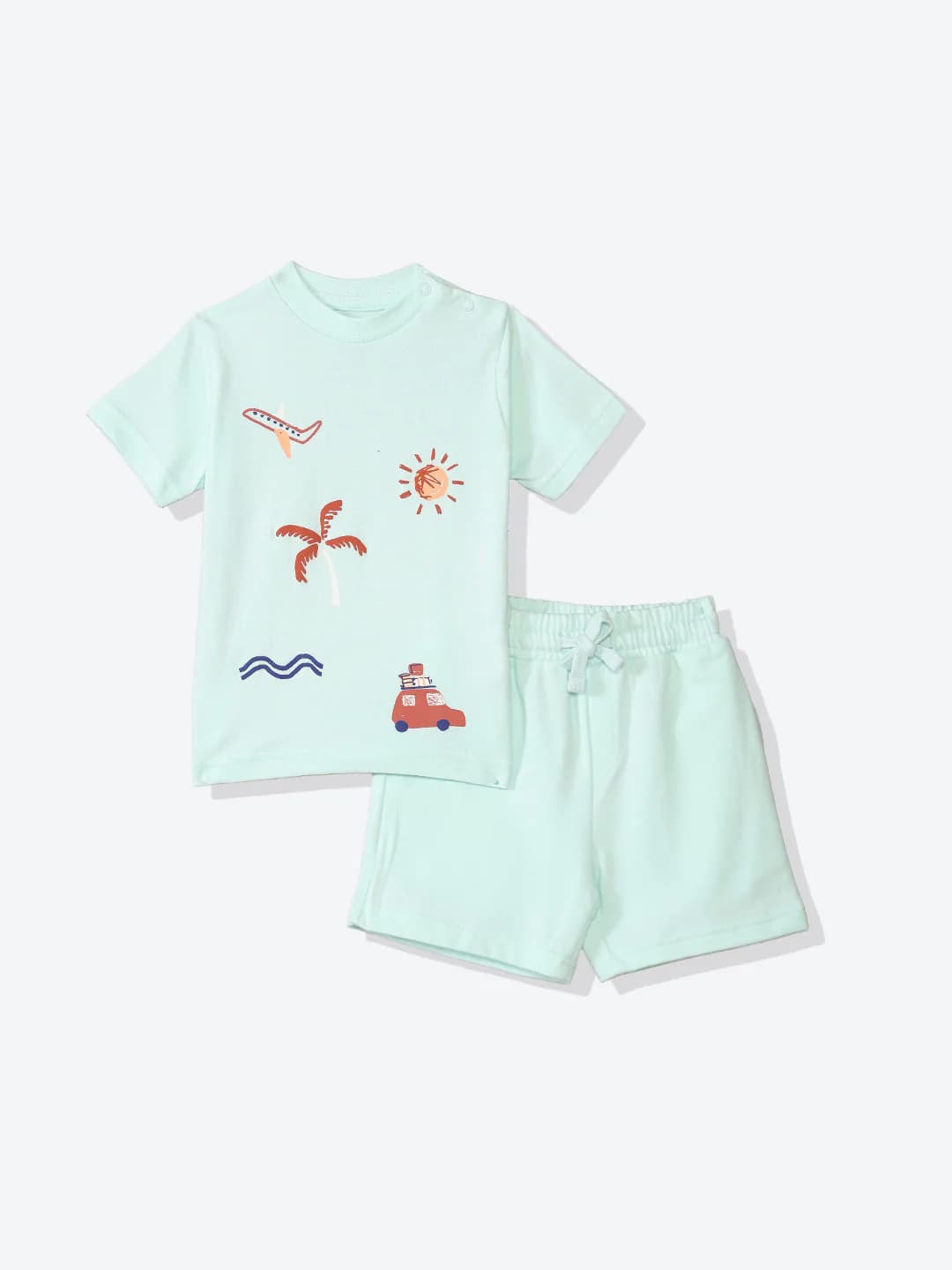 Boys Green Casual Printed Regular Fit Tshirt and Mid Rise Shorts