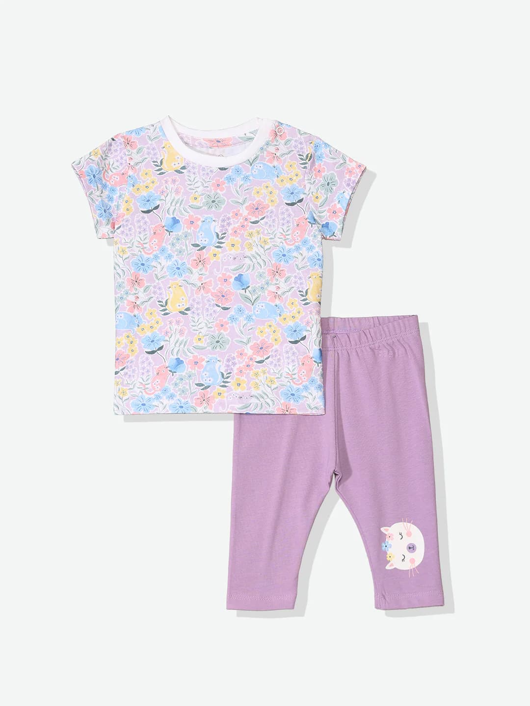 Girls Purple Casual Printed Regular Fit Tshirt and Mid Rise Leggings