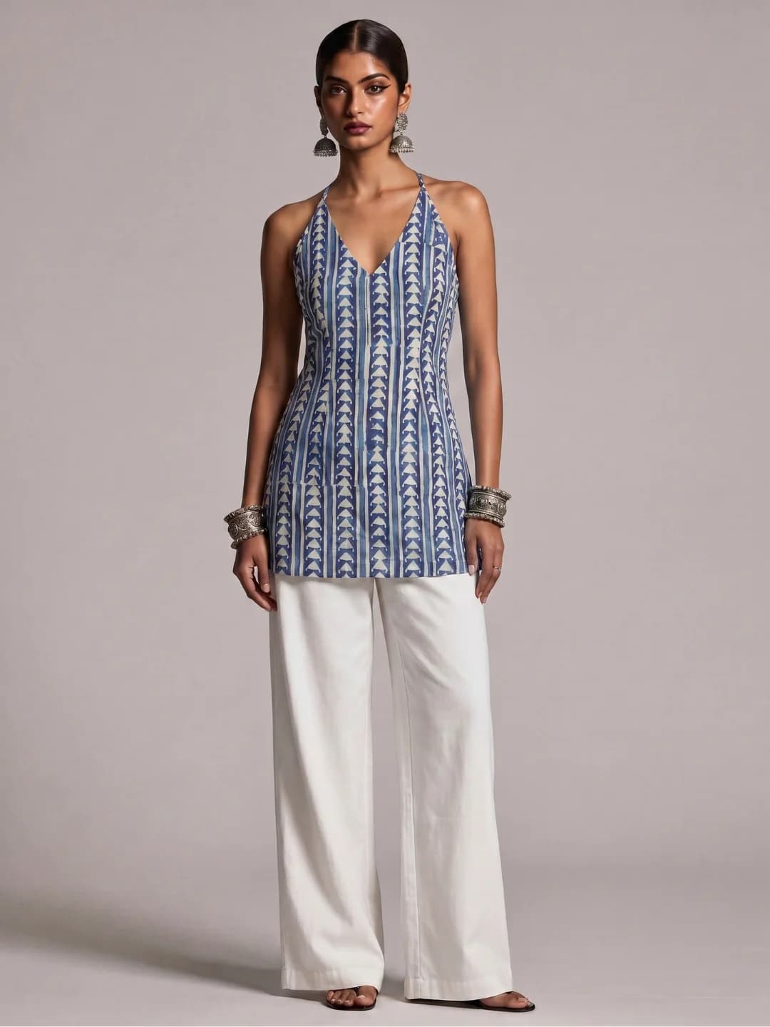 Women's Blue Casual Sleeveless Dabu Halter Neck Corset Kurti