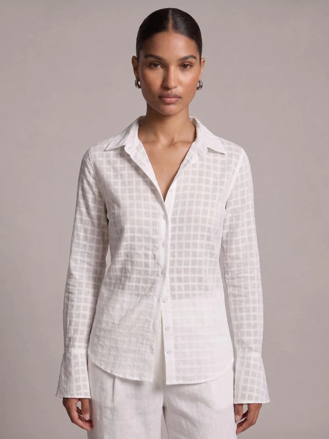 Women's White Casual Full Sleeves Dua Jacquard Corset Shirt