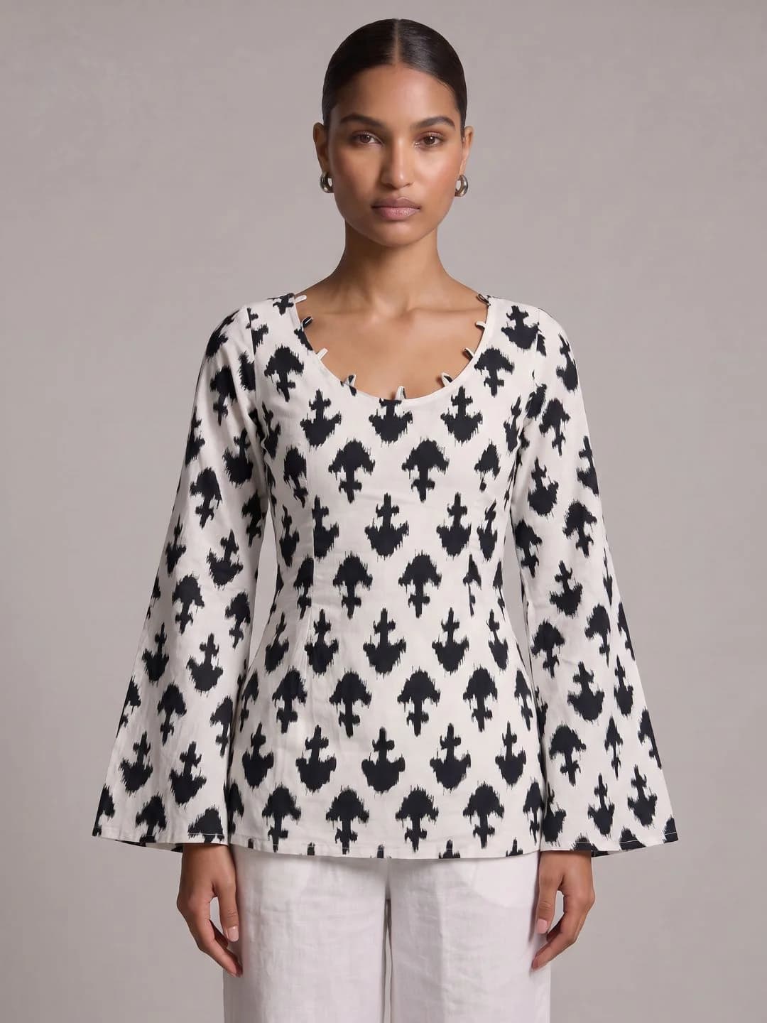 Women's White Casual Full Sleeves Amani Bell Sleeves Kurti