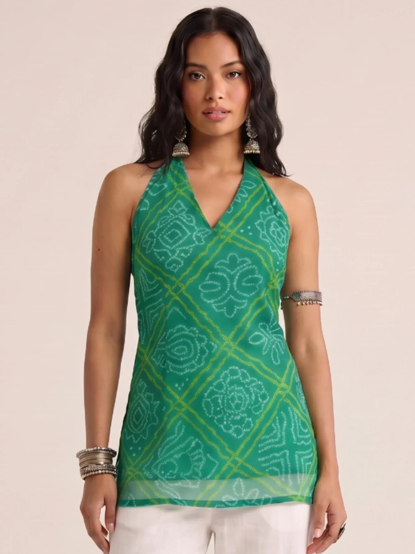 Women's Green Casual Sleeveless Leela Bandhani Halter Neck Corset Kurti