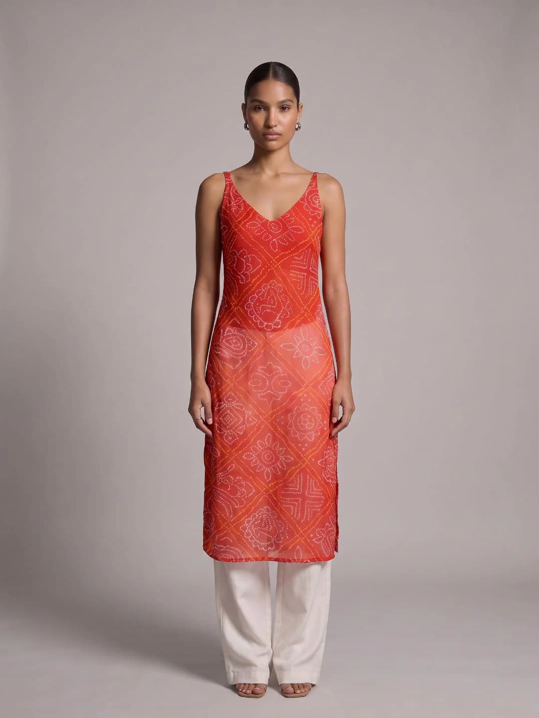 Women's Red Casual Sleeveless Payal Sheer Bandhani Kurti