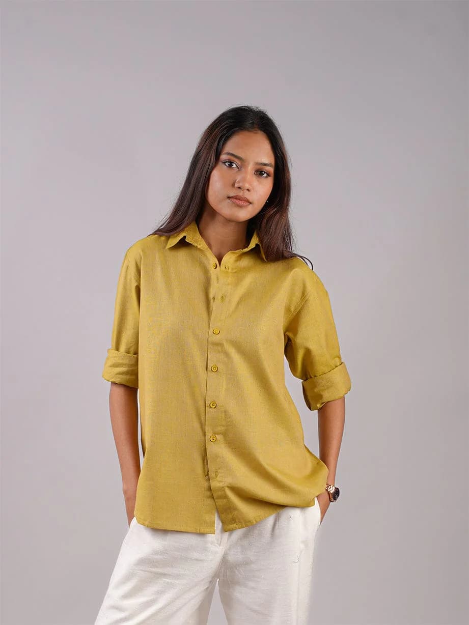Women's Green Casual Full Sleeves Oversized Green Linen Shirt