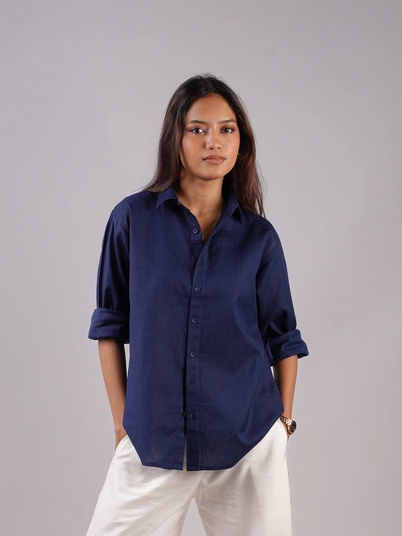 Women's Navy Casual Full Sleeves Oversized Blue Linen Shirt