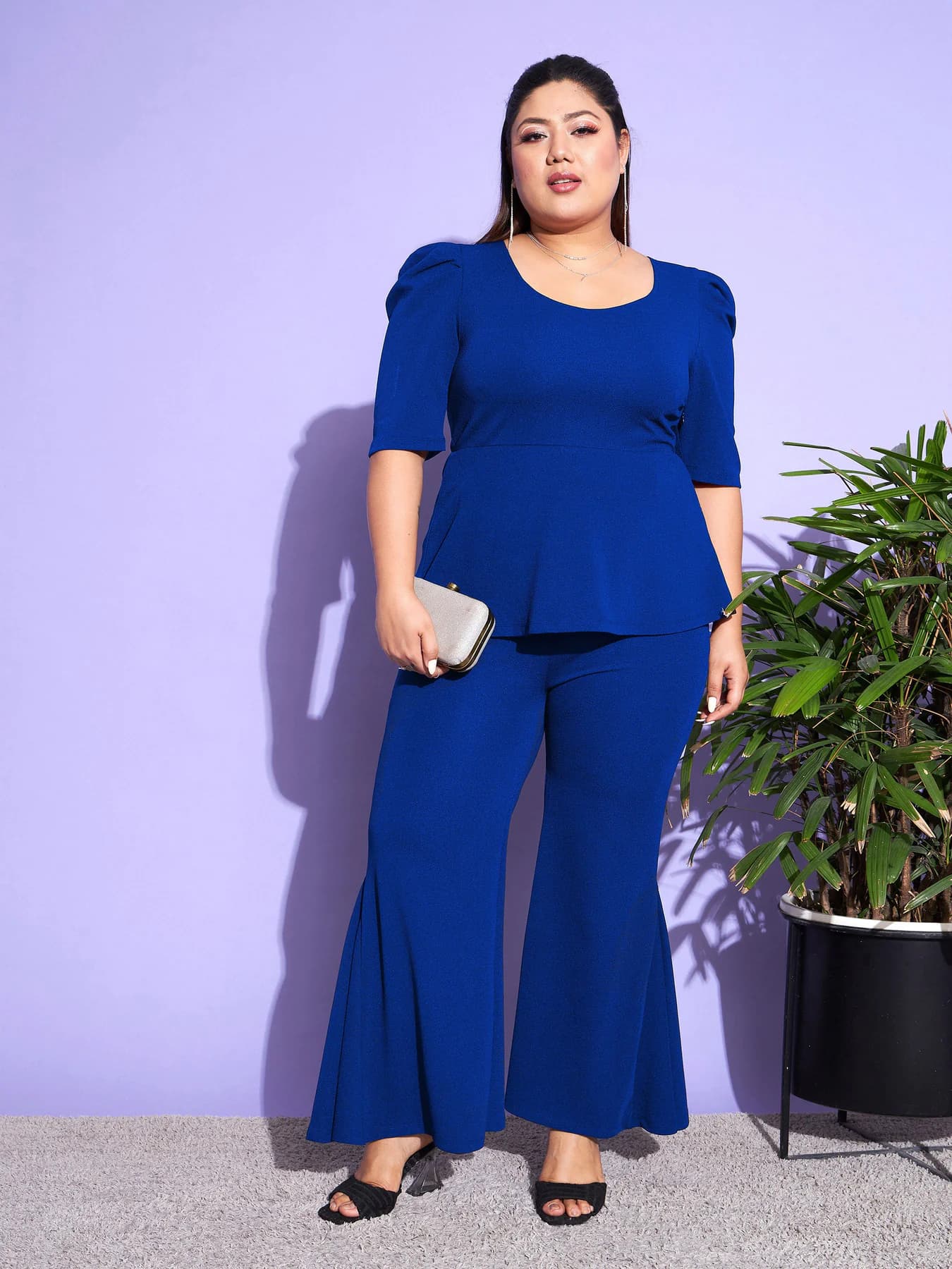 Women's Royal Blue Peplum Top with Kick Pleats Pant