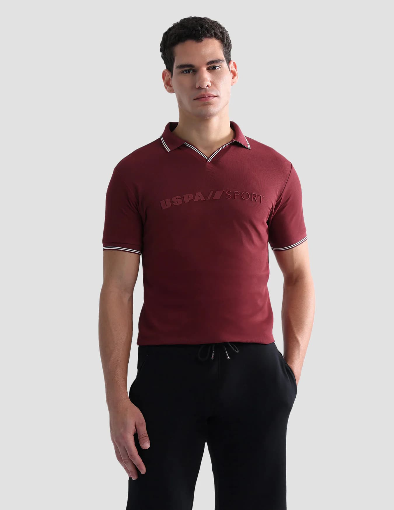 Men's Red Casual Half Sleeves Embossed Regular Fit Active Polo Tshirt