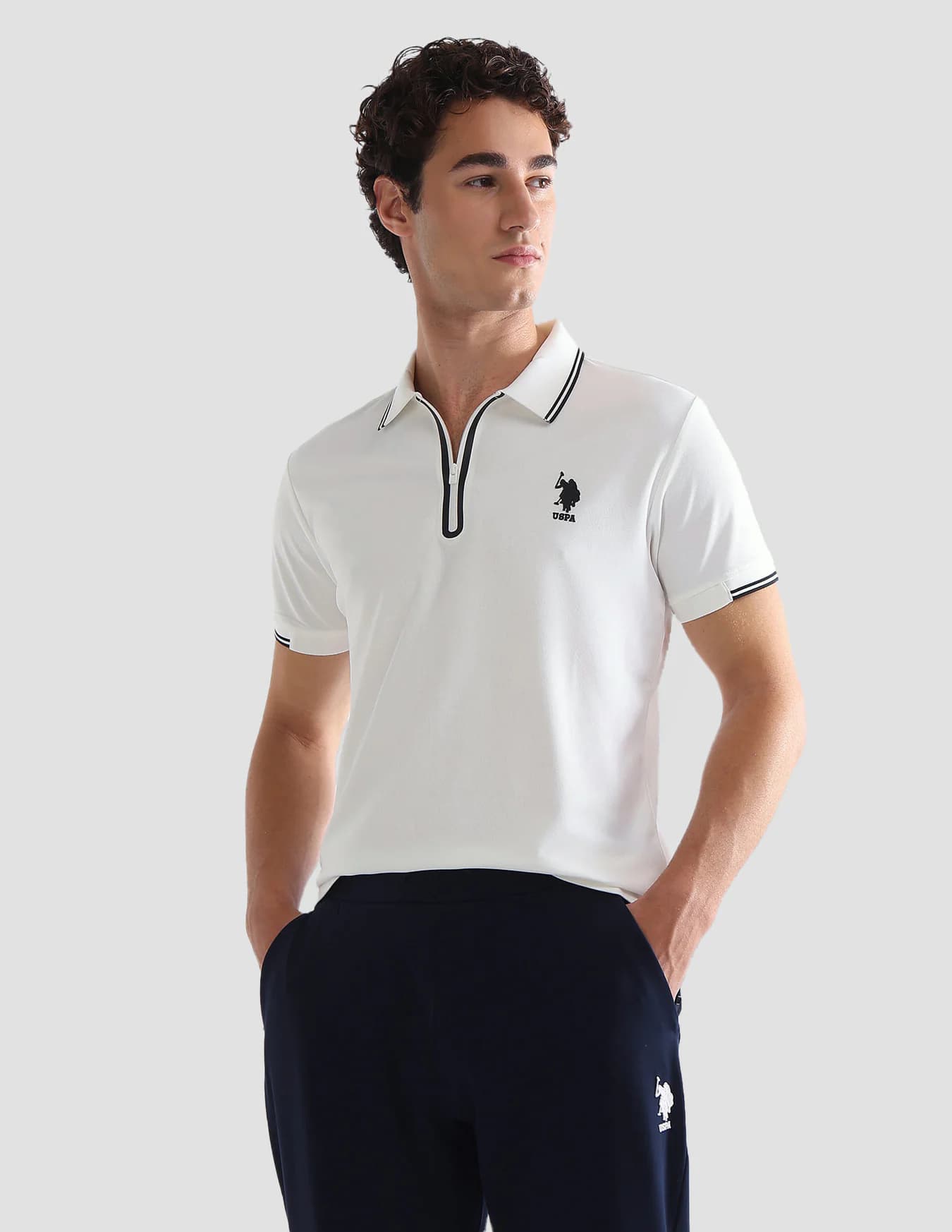 Men's Off White Casual Half Sleeves Solid Stripe Detail Slim Fit Active Polo Tshirt