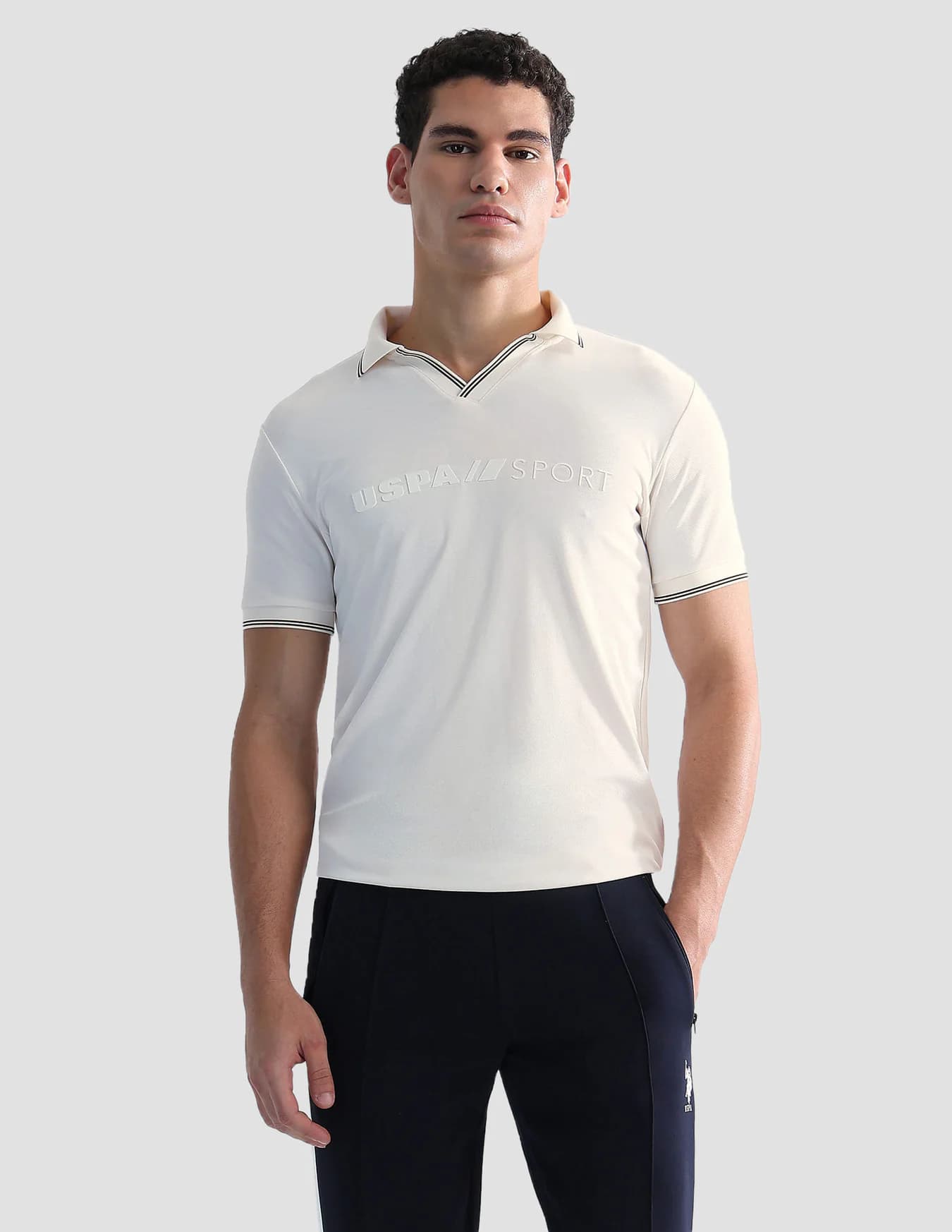 Men's Off White Casual Half Sleeves Embossed Regular Fit Active Polo Tshirt