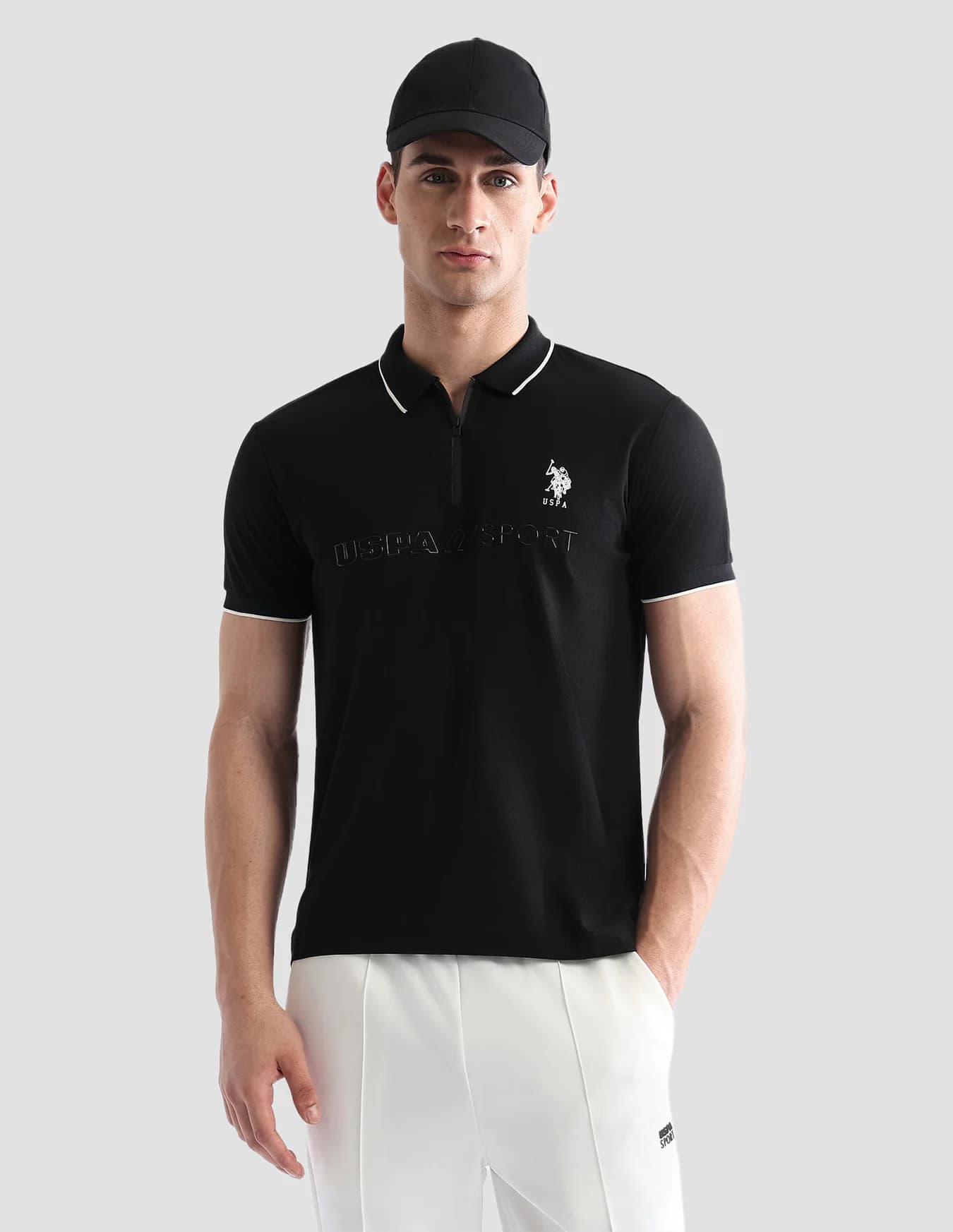 Men's Black Casual Half Sleeves Embossed Regular Fit Active Polo Tshirt