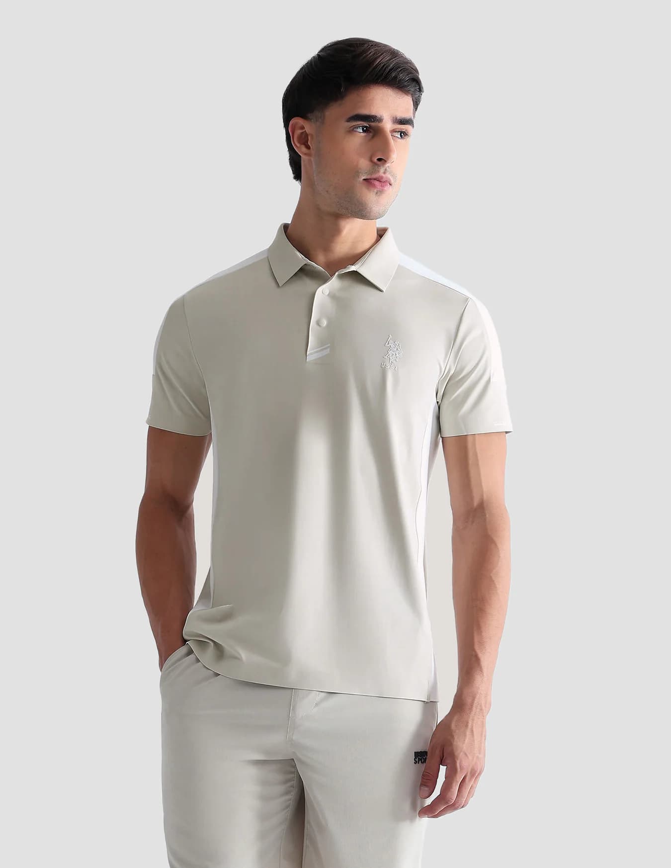 Men's Beige Casual Half Sleeves Colorblocked Active Polo Tshirt
