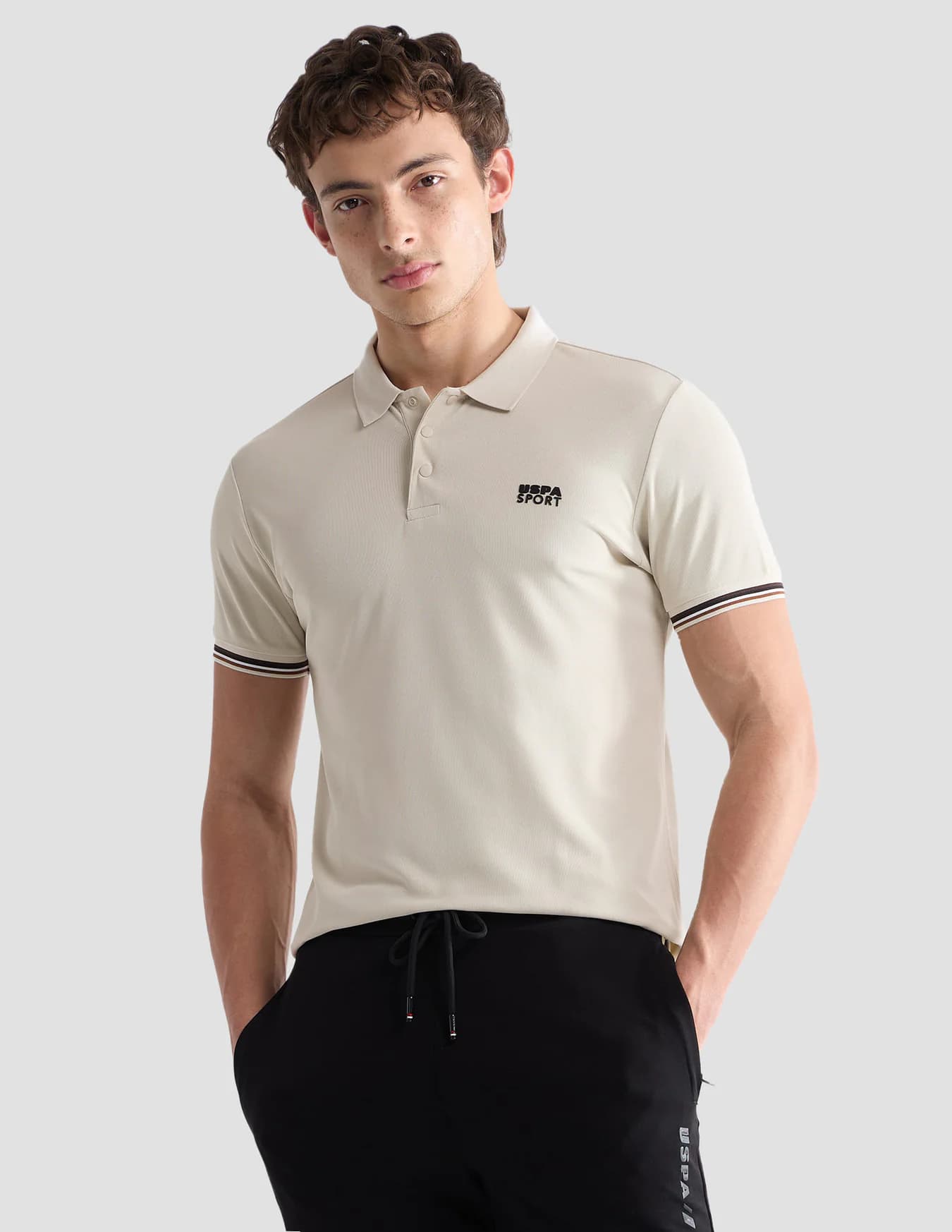 Men's Beige Casual Half Sleeves Solid Slim Fit Active Polo Tshirt