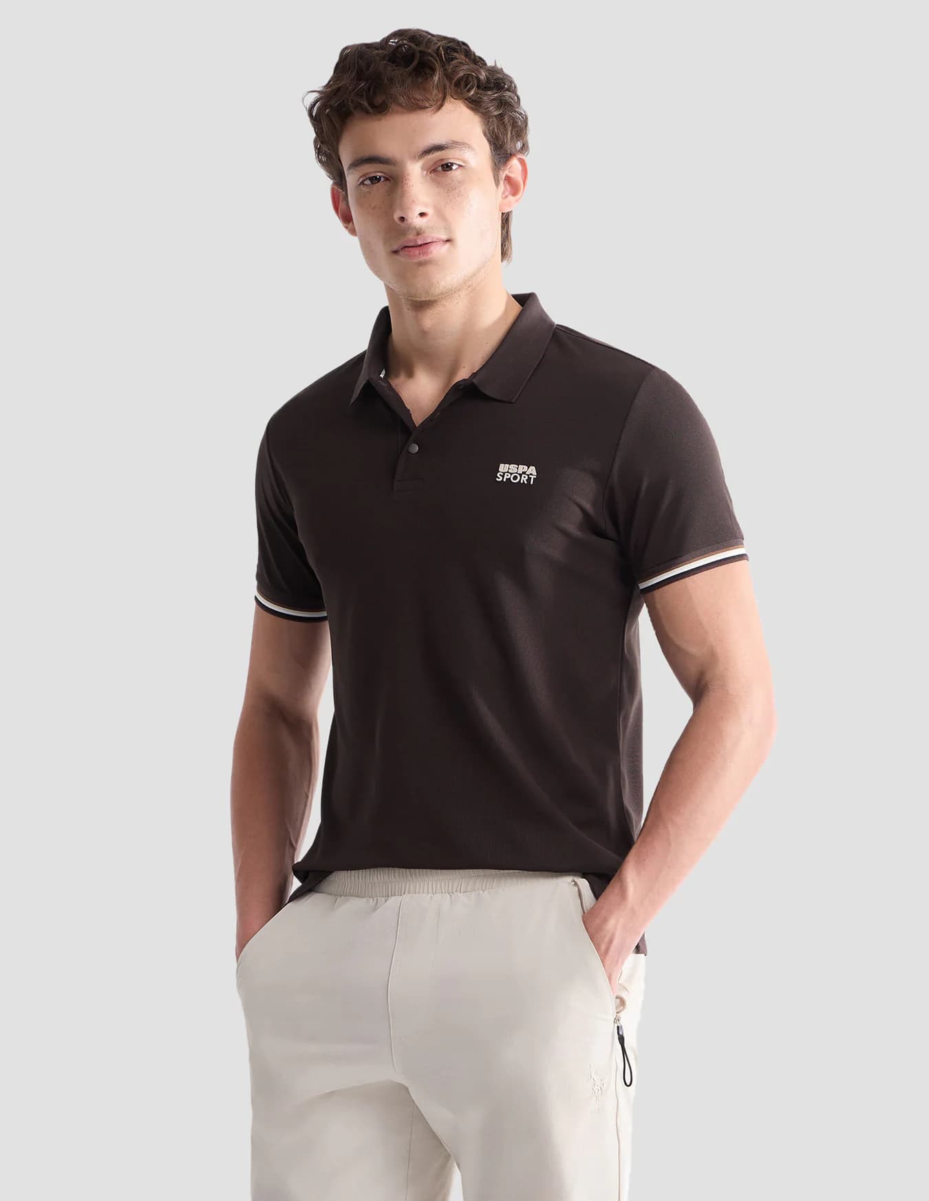 Men's Brown Casual Half Sleeves Solid Slim Fit Active Polo Tshirt