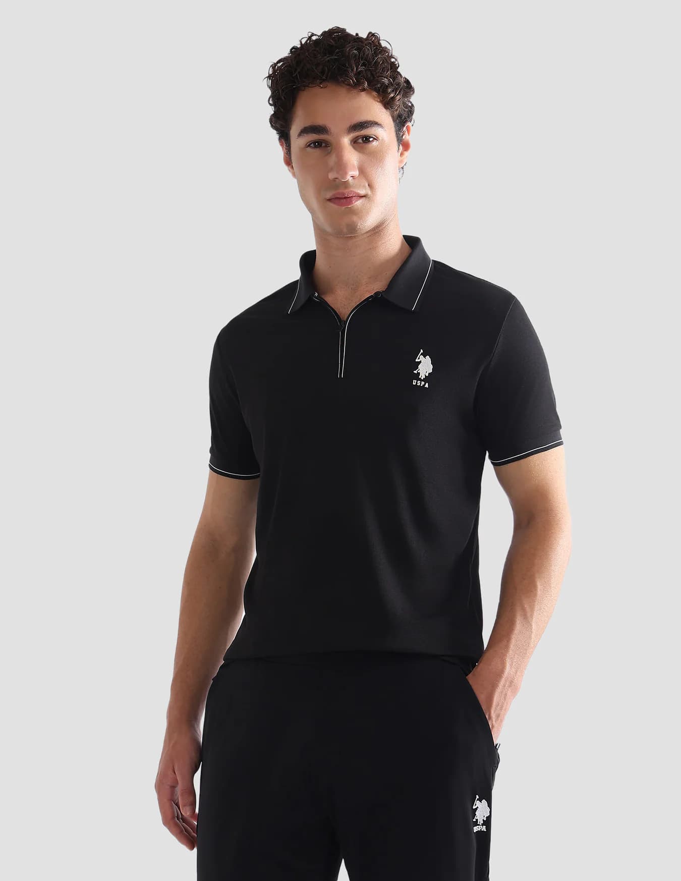 Men's Black Casual Half Sleeves Solid Slim Fit Active Polo Tshirt
