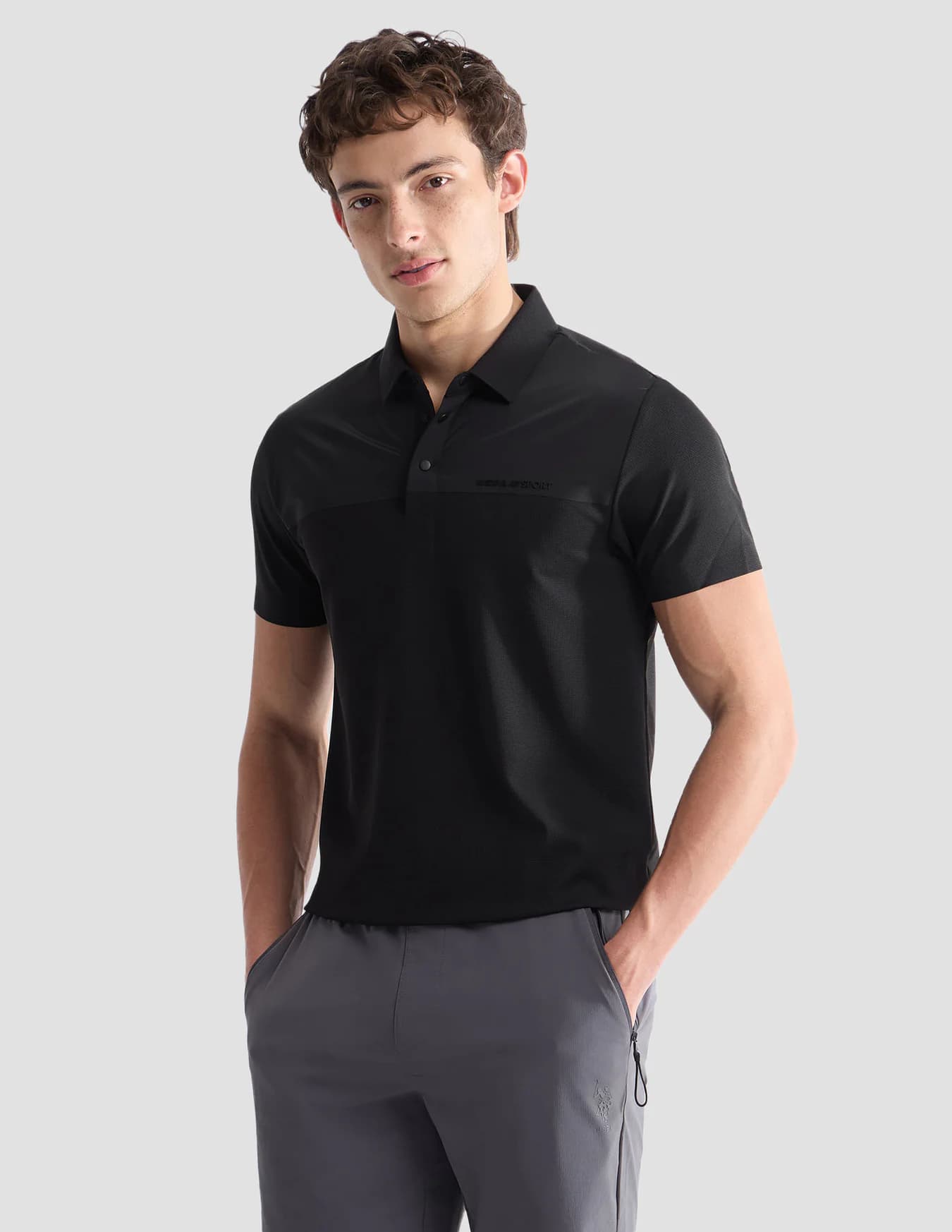 Men's Black Casual Half Sleeves Textured Slim Fit Active Polo Tshirt
