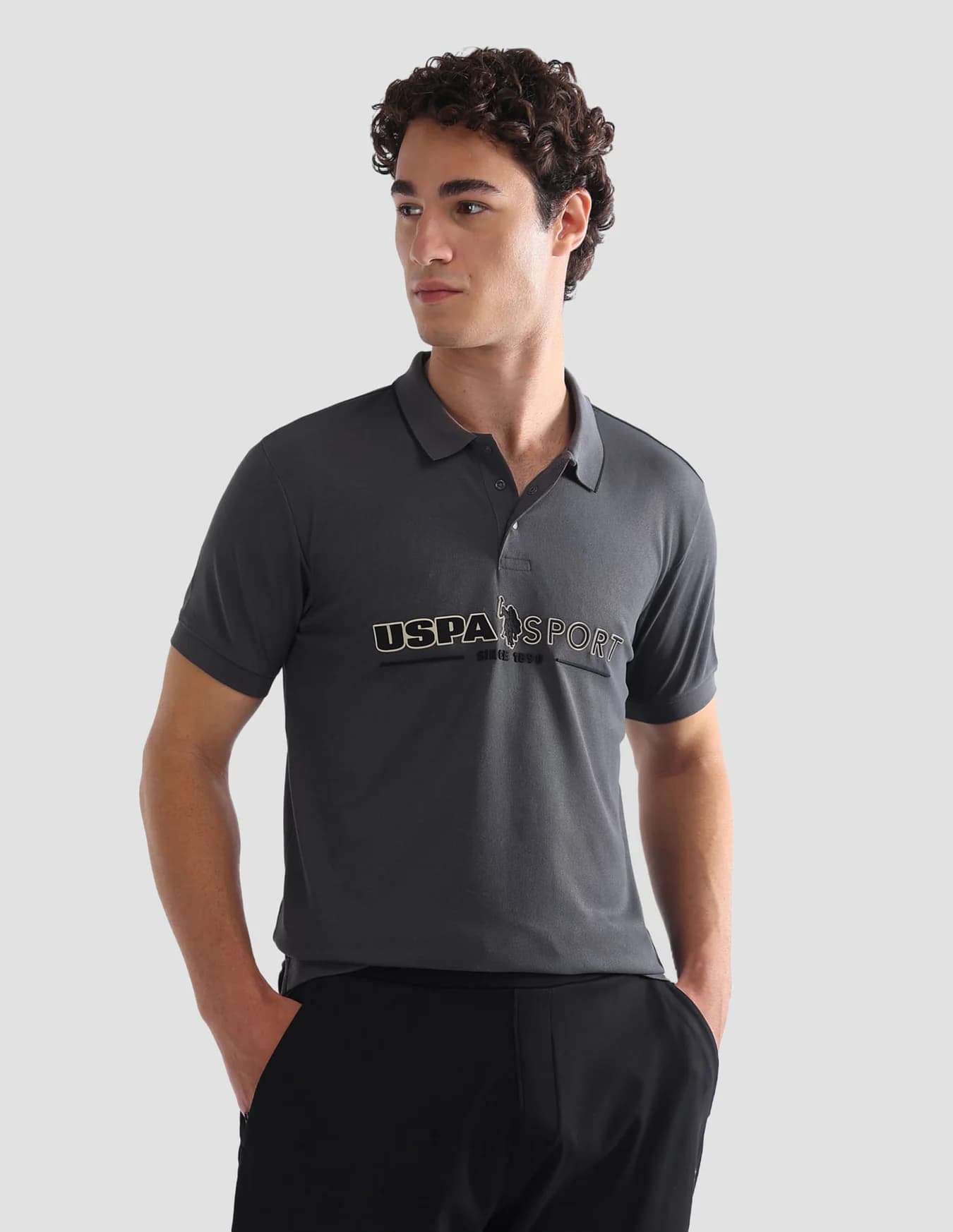Men's Grey Casual Half Sleeves Embossed Slim Fit Active Polo Tshirt