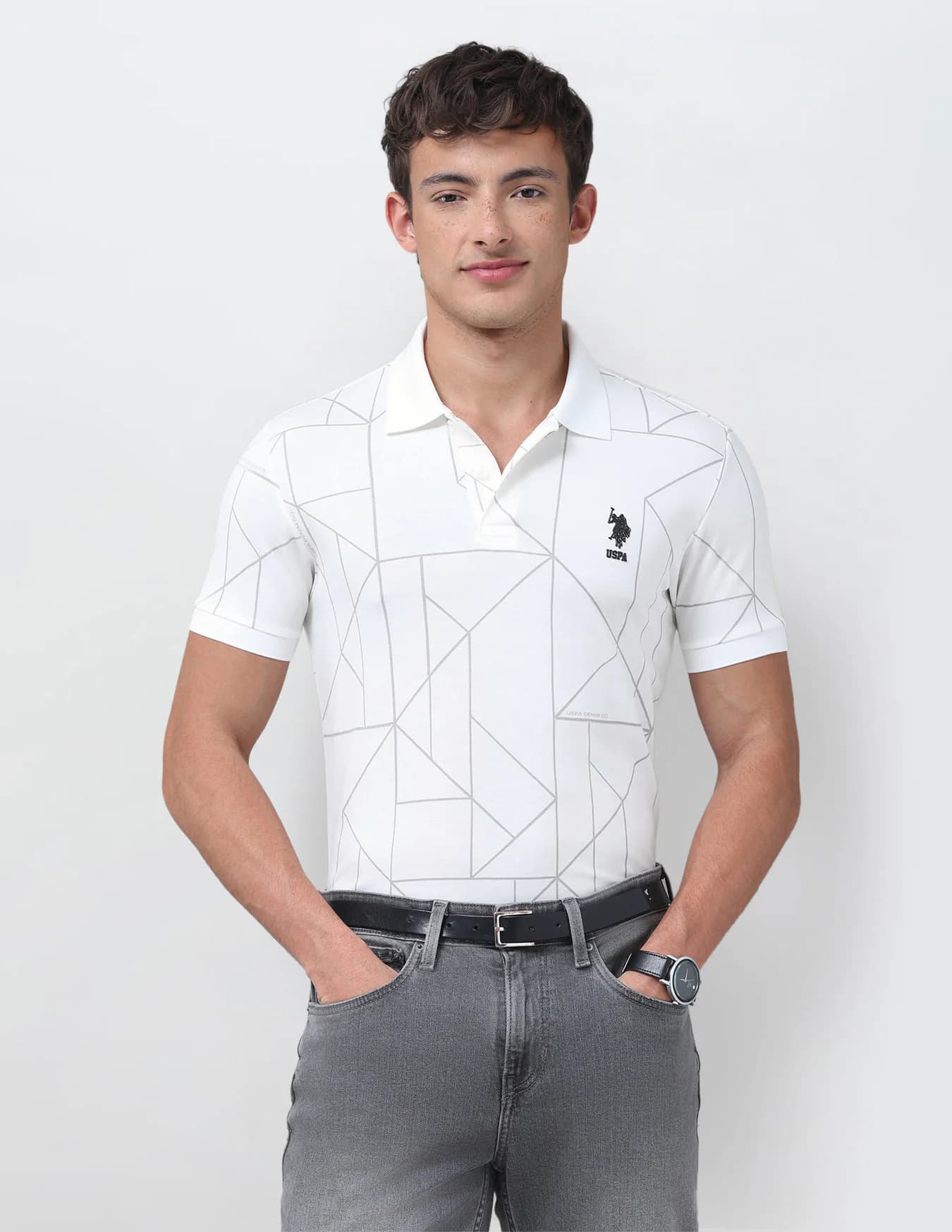 Men's White Casual Half Sleeves Geometric Printed Slim Fit Polo Tshirt