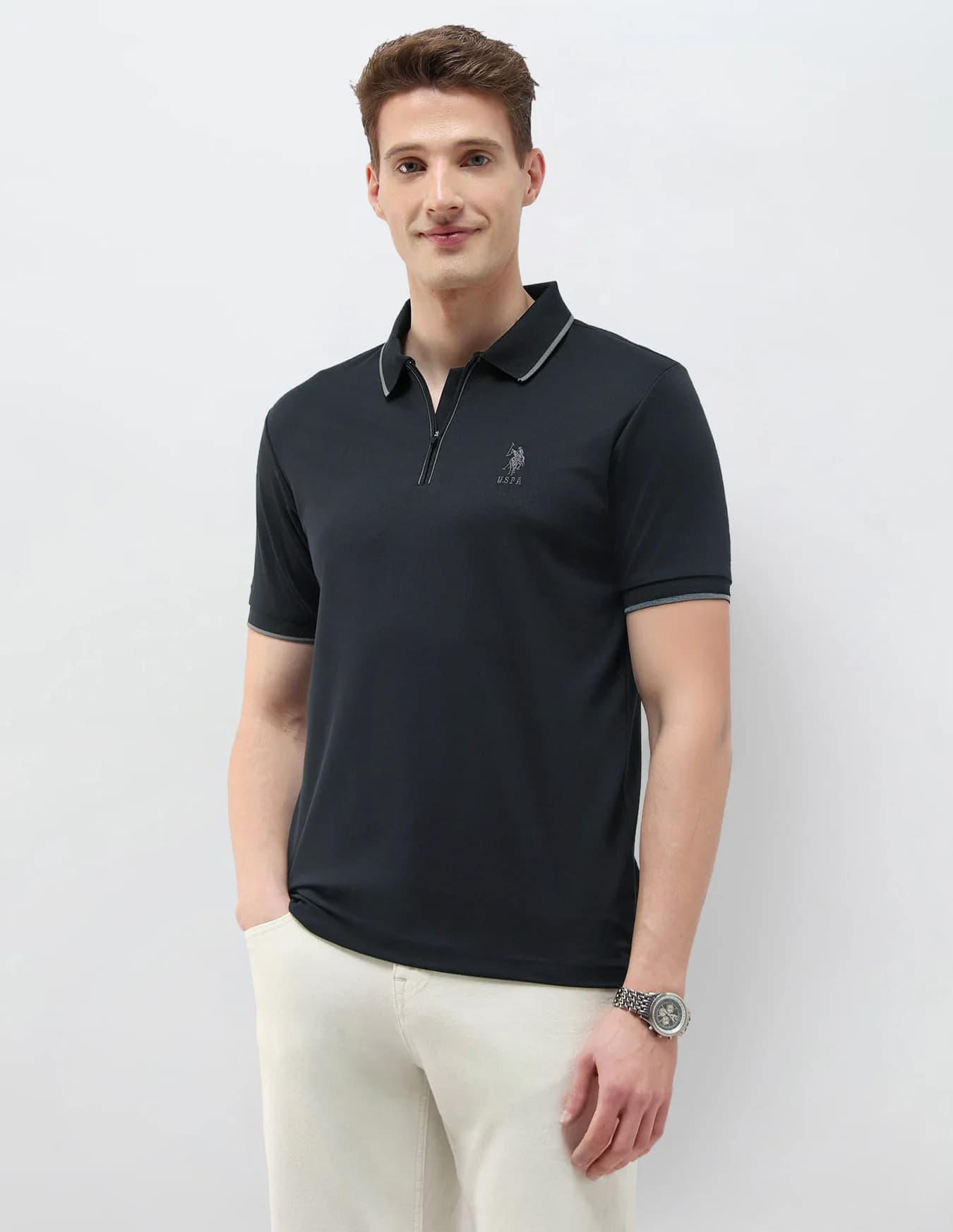 Men's Black Casual Half Sleeves Black & Gold Slim Fit Polo Tshirt