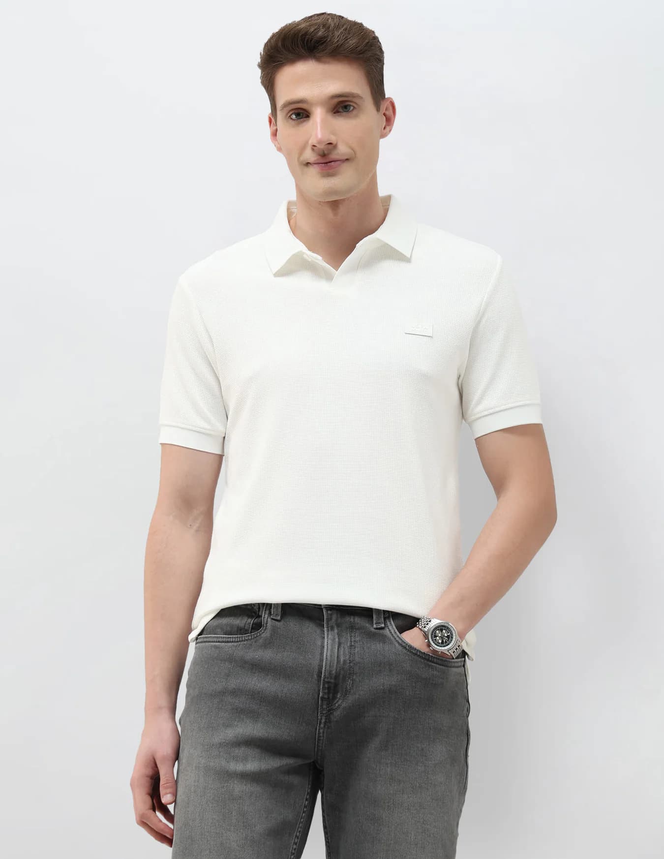Men's Cream Casual Half Sleeves Textured Black & Gold Polo Tshirt