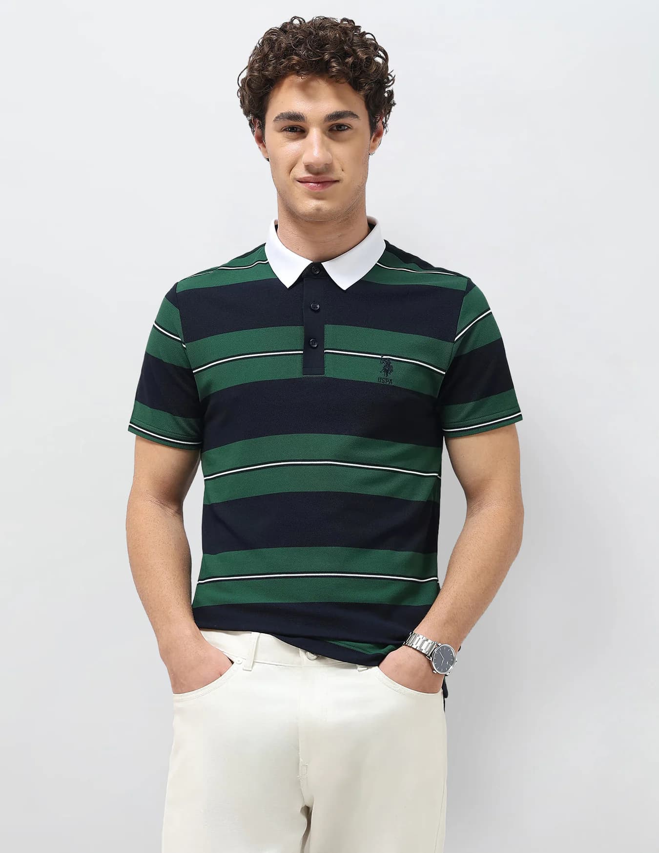 Men's Green Casual Half Sleeves Horizontal Striped Slim Fit Polo Tshirt