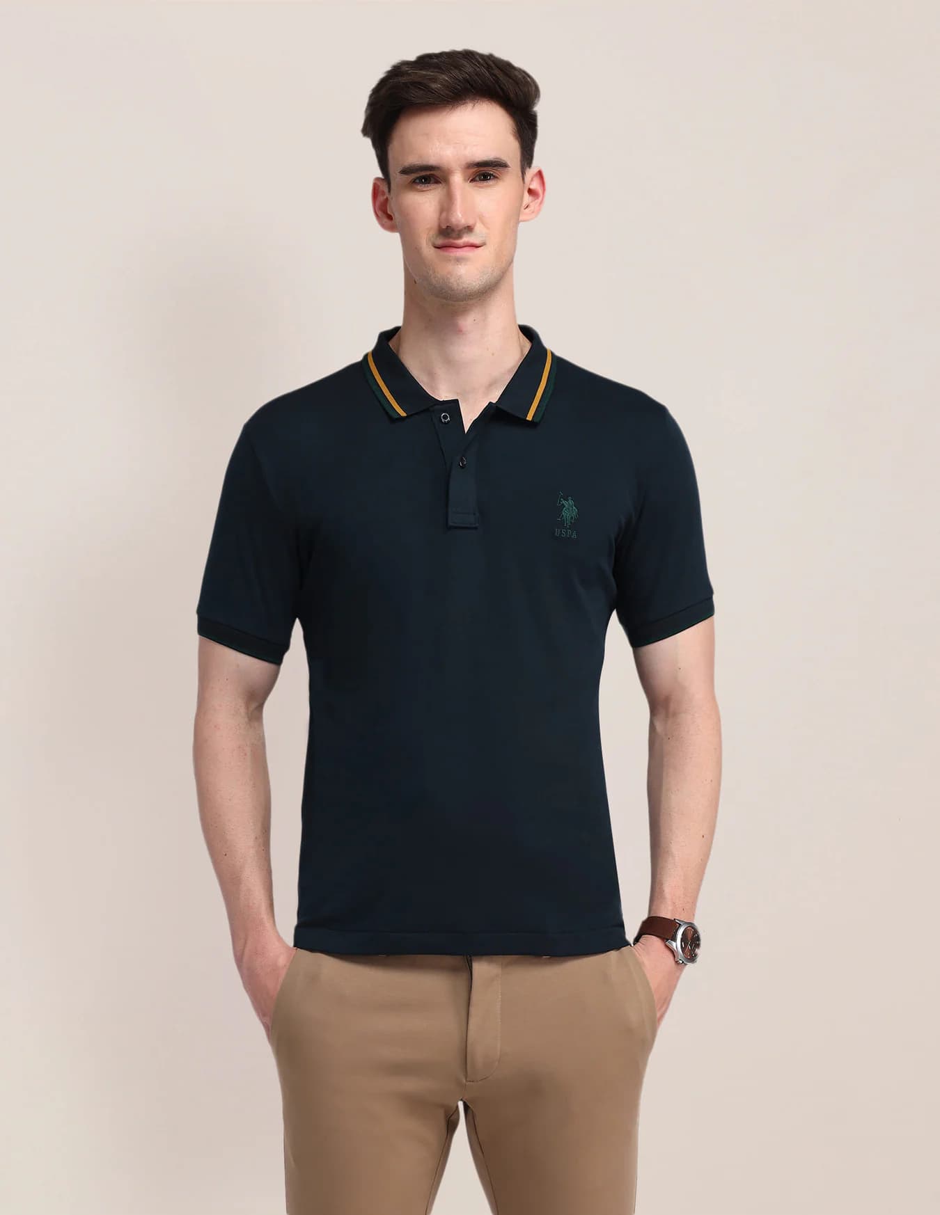 Men's Navy Casual Half Sleeves Solid Cotton Polo Tshirt
