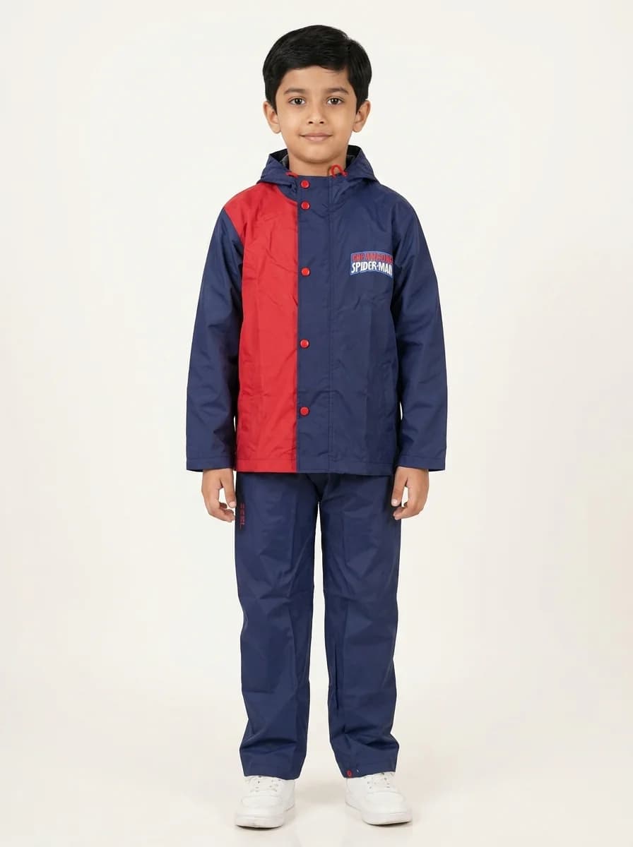 Boys Navy & Red Full Sleeves Colorblocked Rainsuit