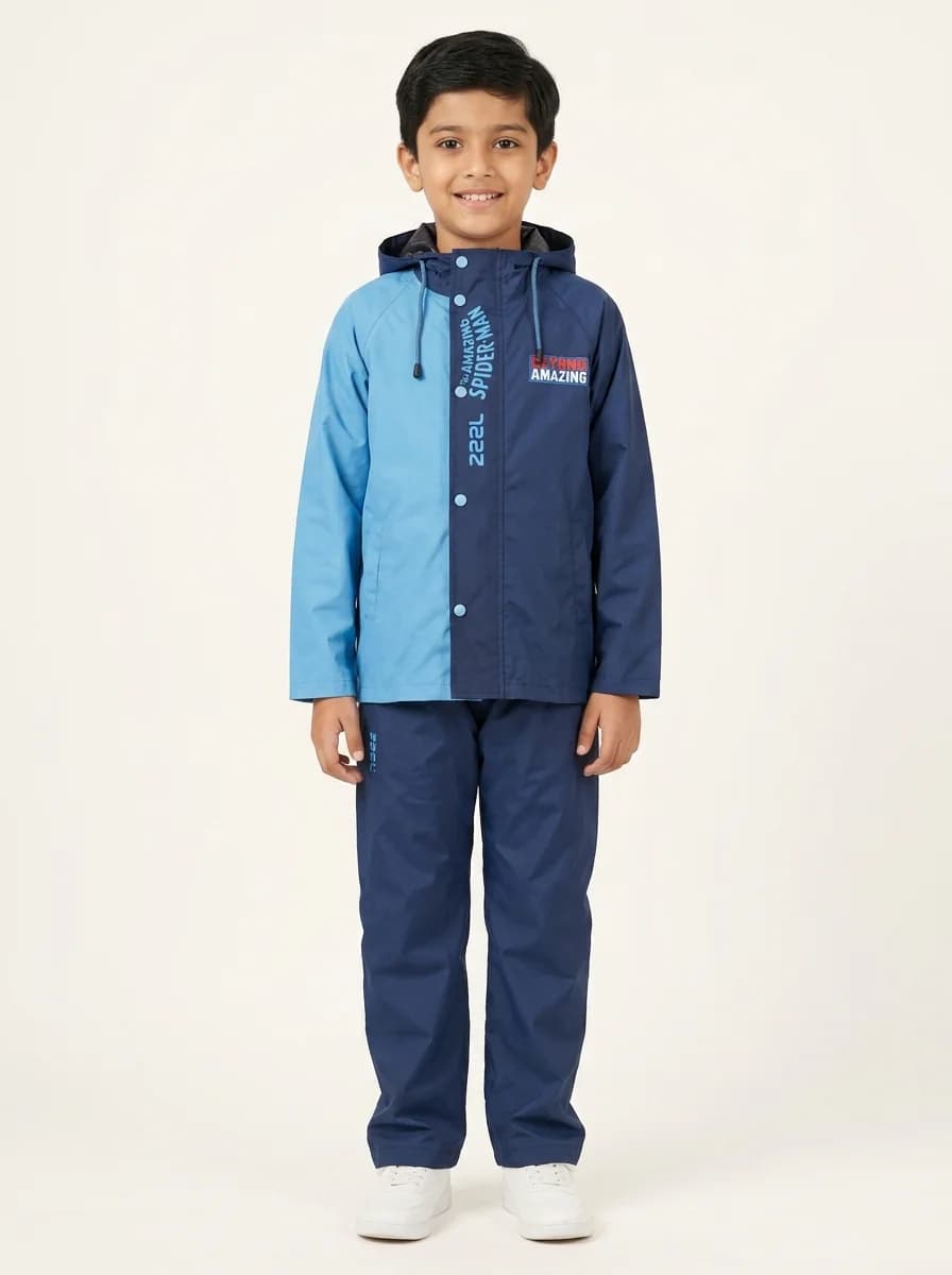 Boys Navy & blue Full Sleeves Colorblocked Rainsuit