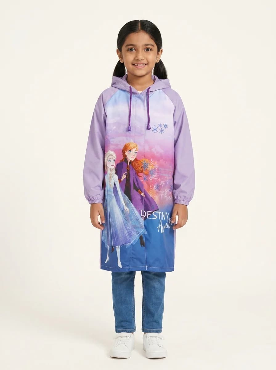 Girls Pink Full Sleeves Printed Rain Jacket