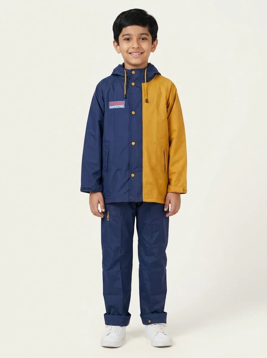 Boys Navy & Yellow Full Sleeves Colorblocked Rainsuit