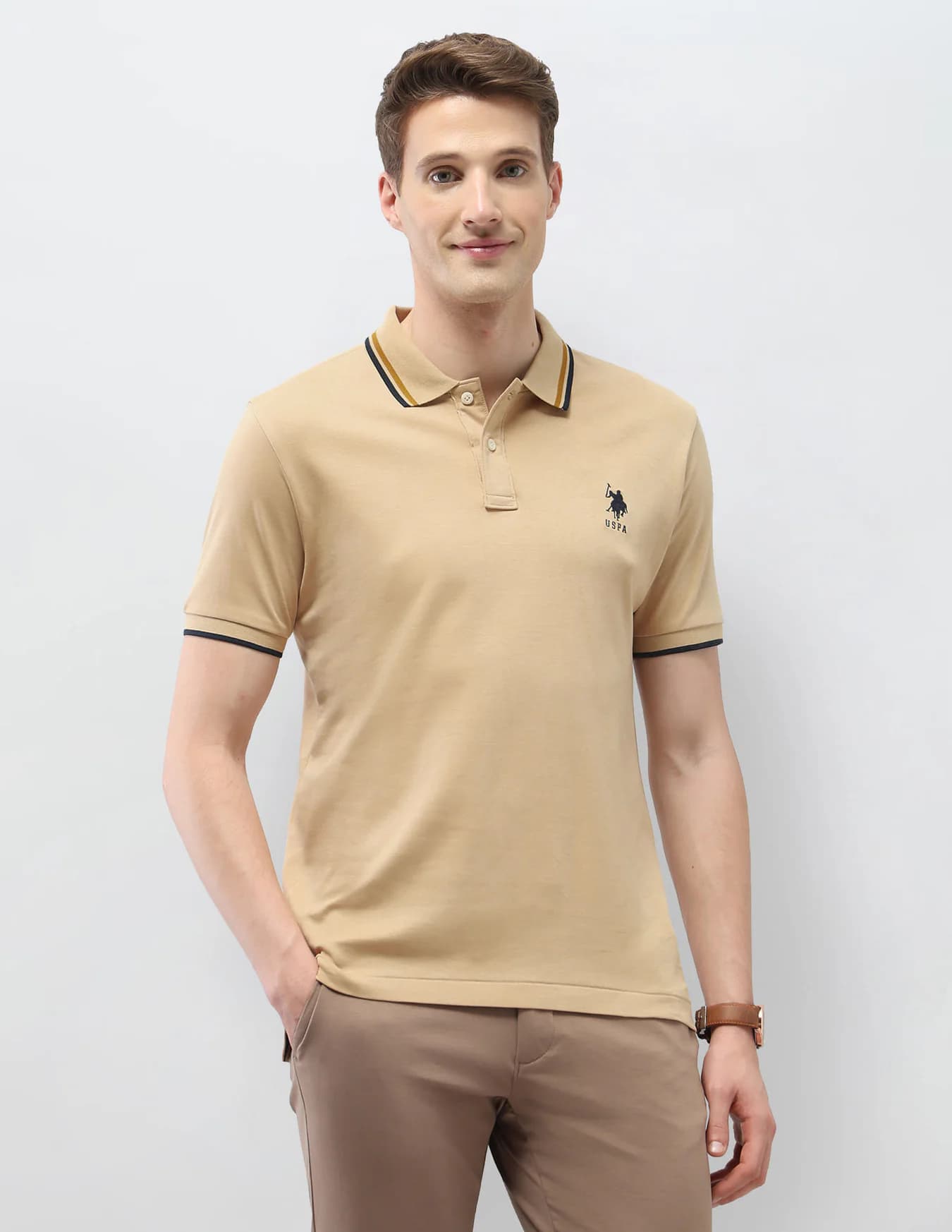 Men's Beige Casual Half Sleeves Solid Slim Fit Polo Tshirt