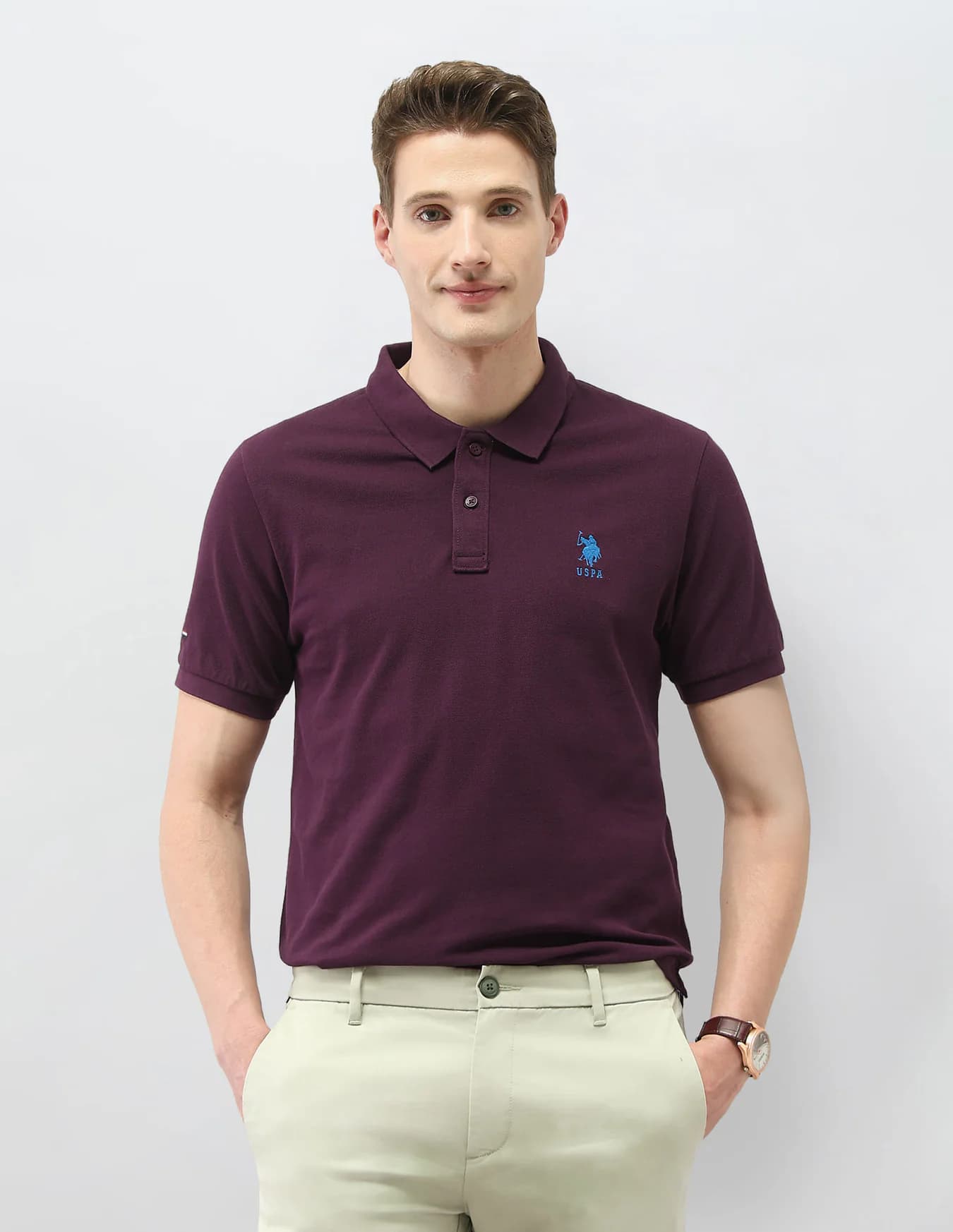 Men's Purple Casual Half Sleeves Solid Slim Fit Polo Tshirt