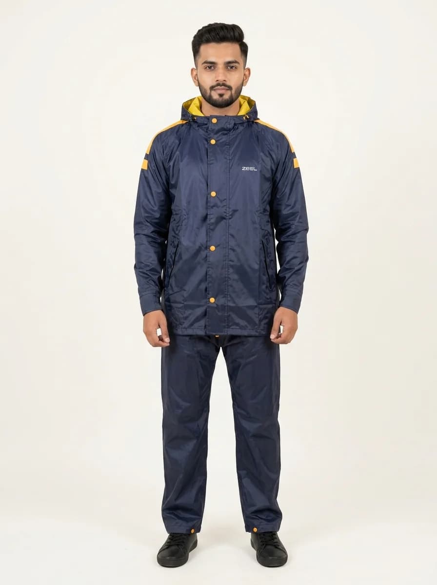 Men's Blue & Yellow Regular Fit Solid Full Sleeves Rainsuit