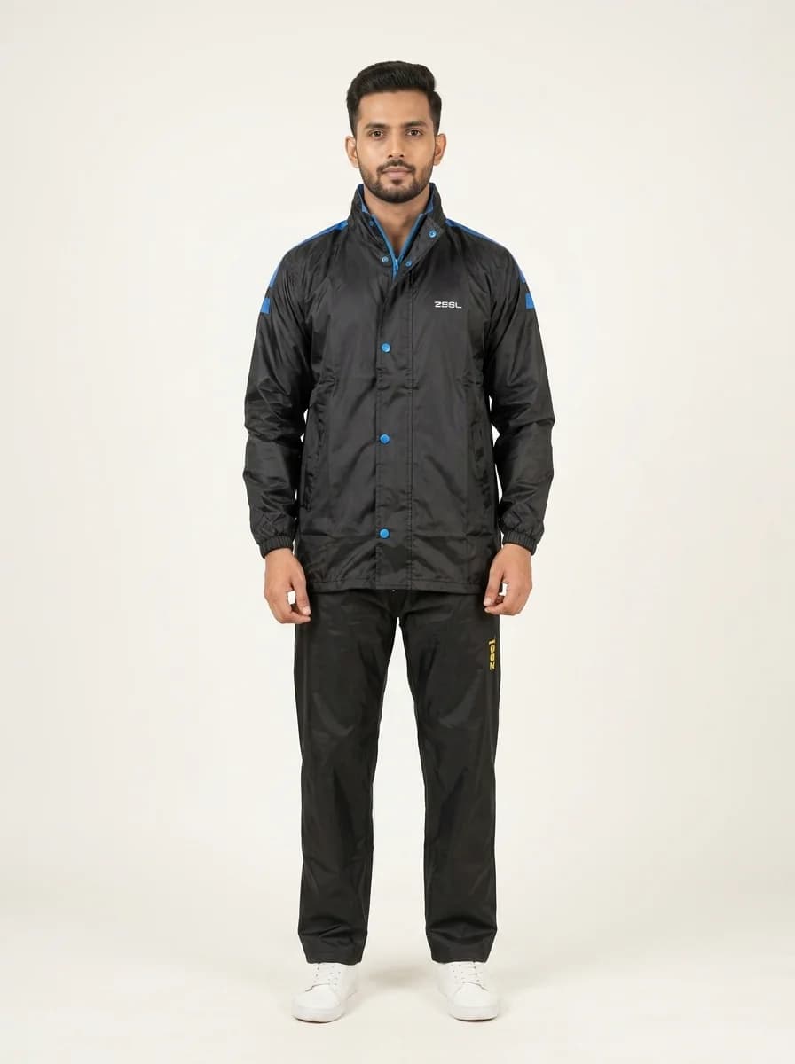 Men's Black & Blue Regular Fit Solid Full Sleeves Rainsuit