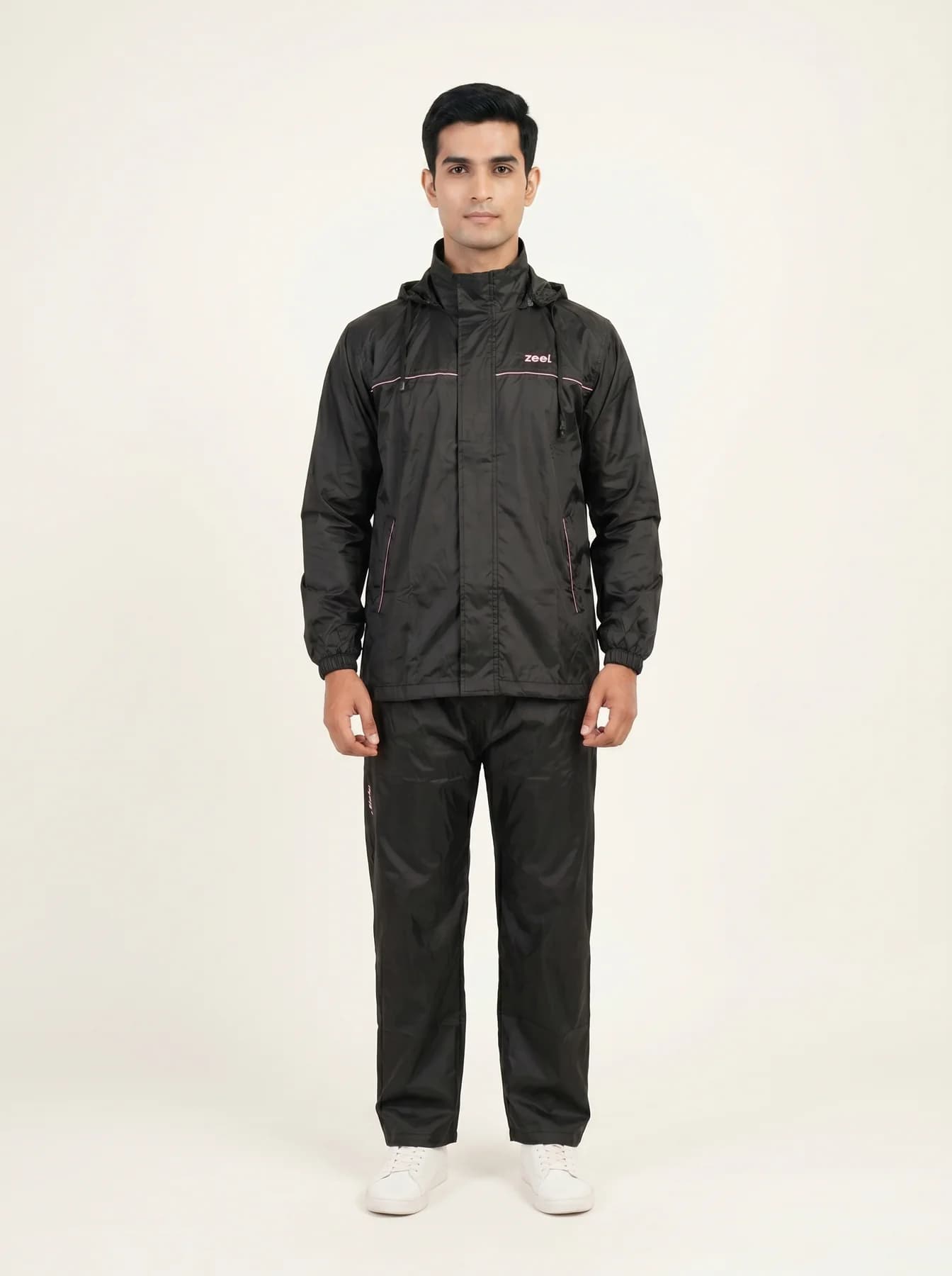 Men's Black & Pink Regular Fit Solid Full Sleeves Rainsuit