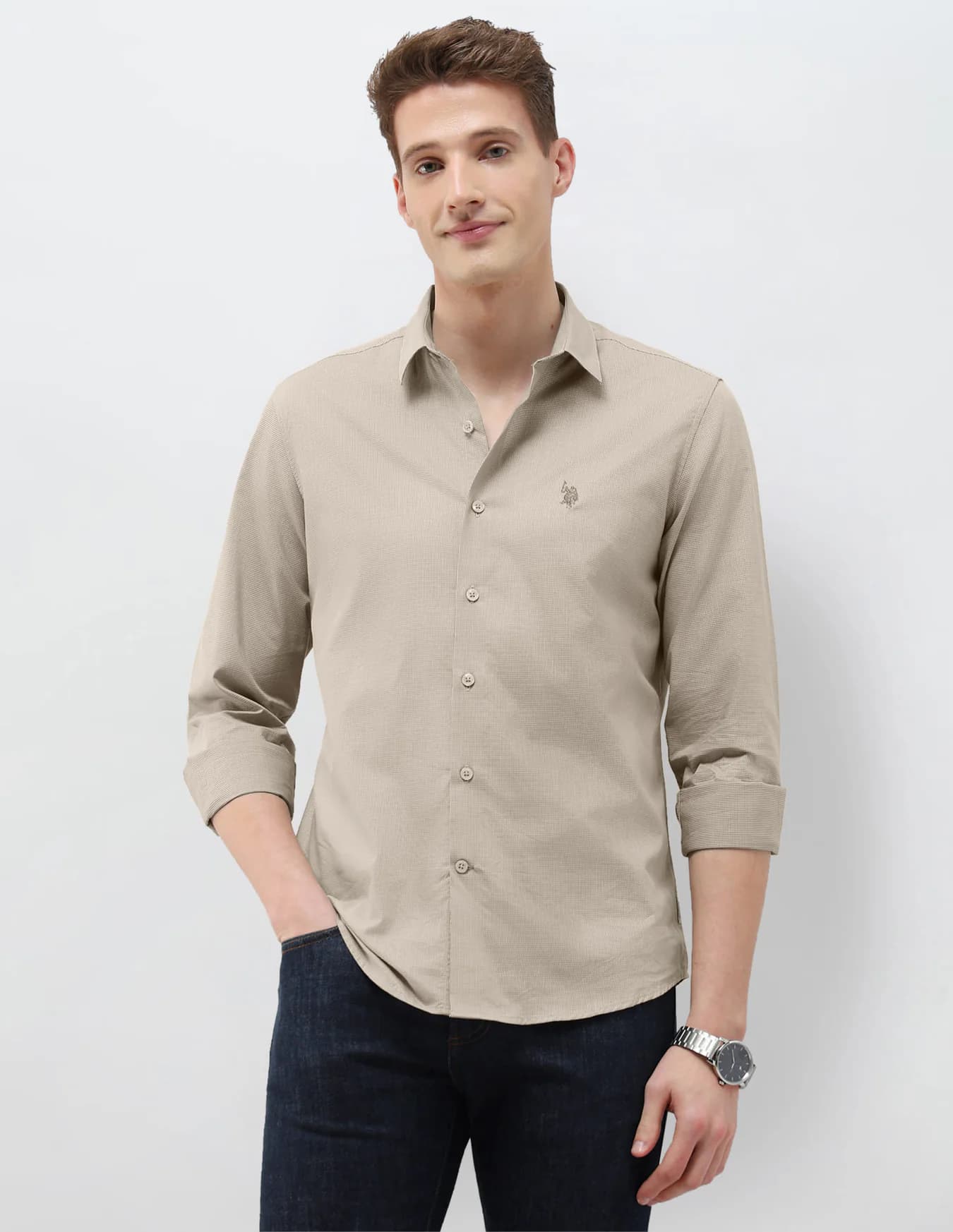 Men's Beige Casual Regular Fit Full Sleeves Cutaway Collar Shirt