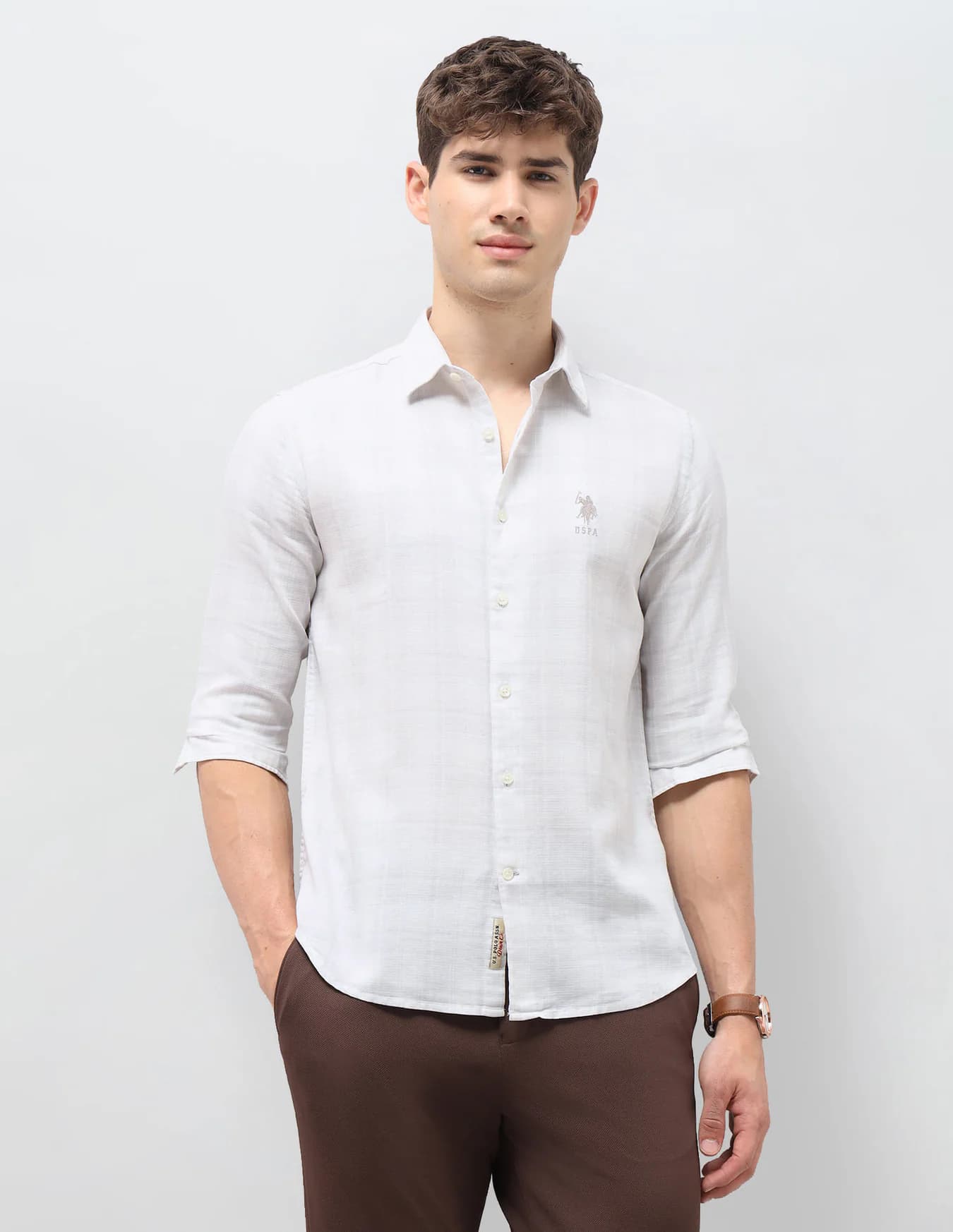 Men's White Casual Regular Fit Full Sleeves Spread Collar Shirt