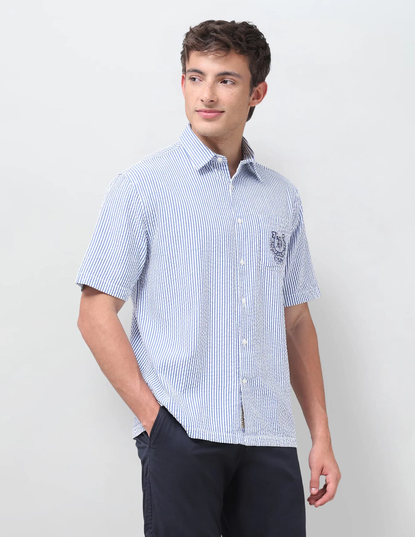 Men's Blue Casual Regular Fit Half Sleeves Spread Collar Shirt