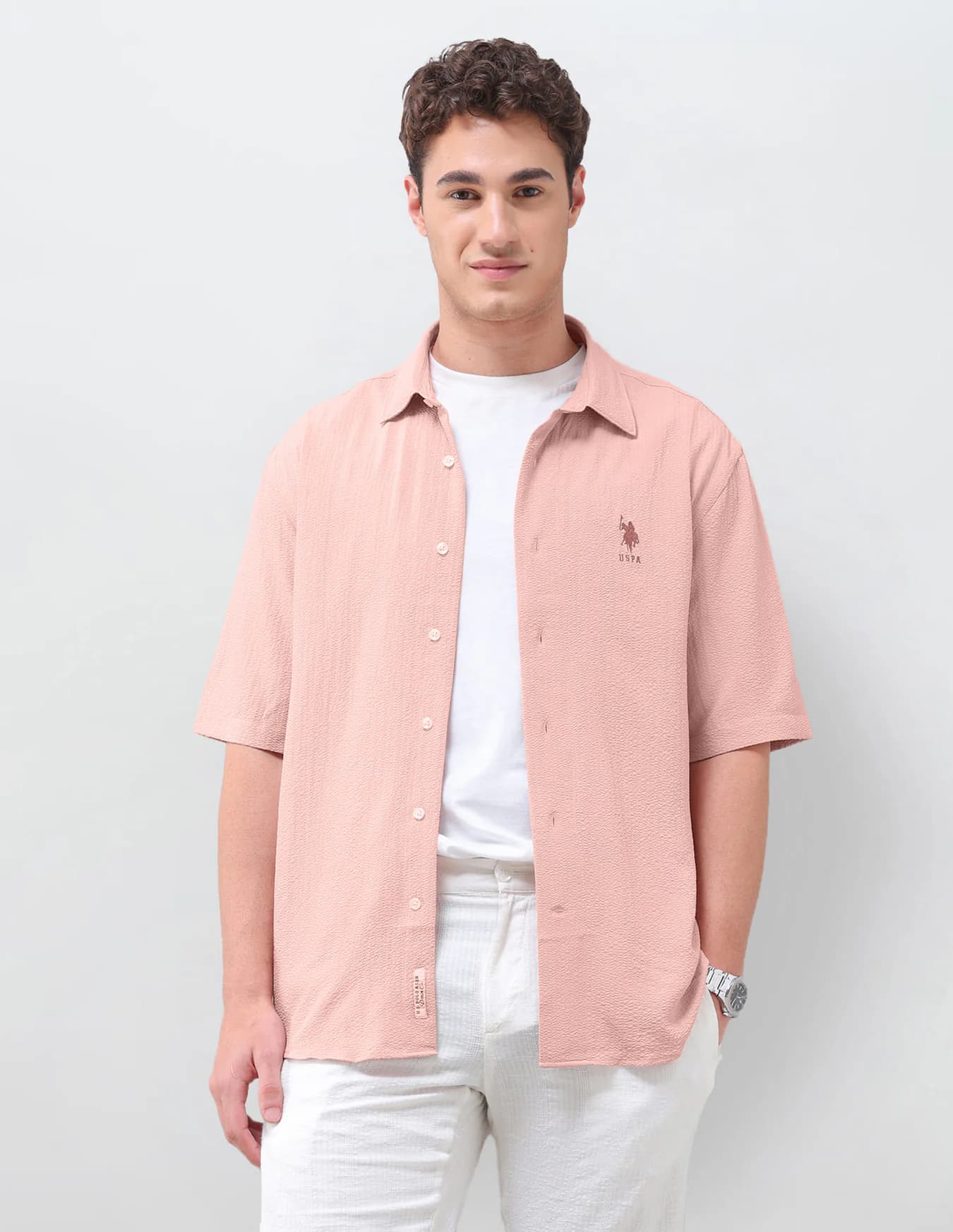 Men's Pink Casual Regular Fit Half Sleeves Spread Collar Shirt