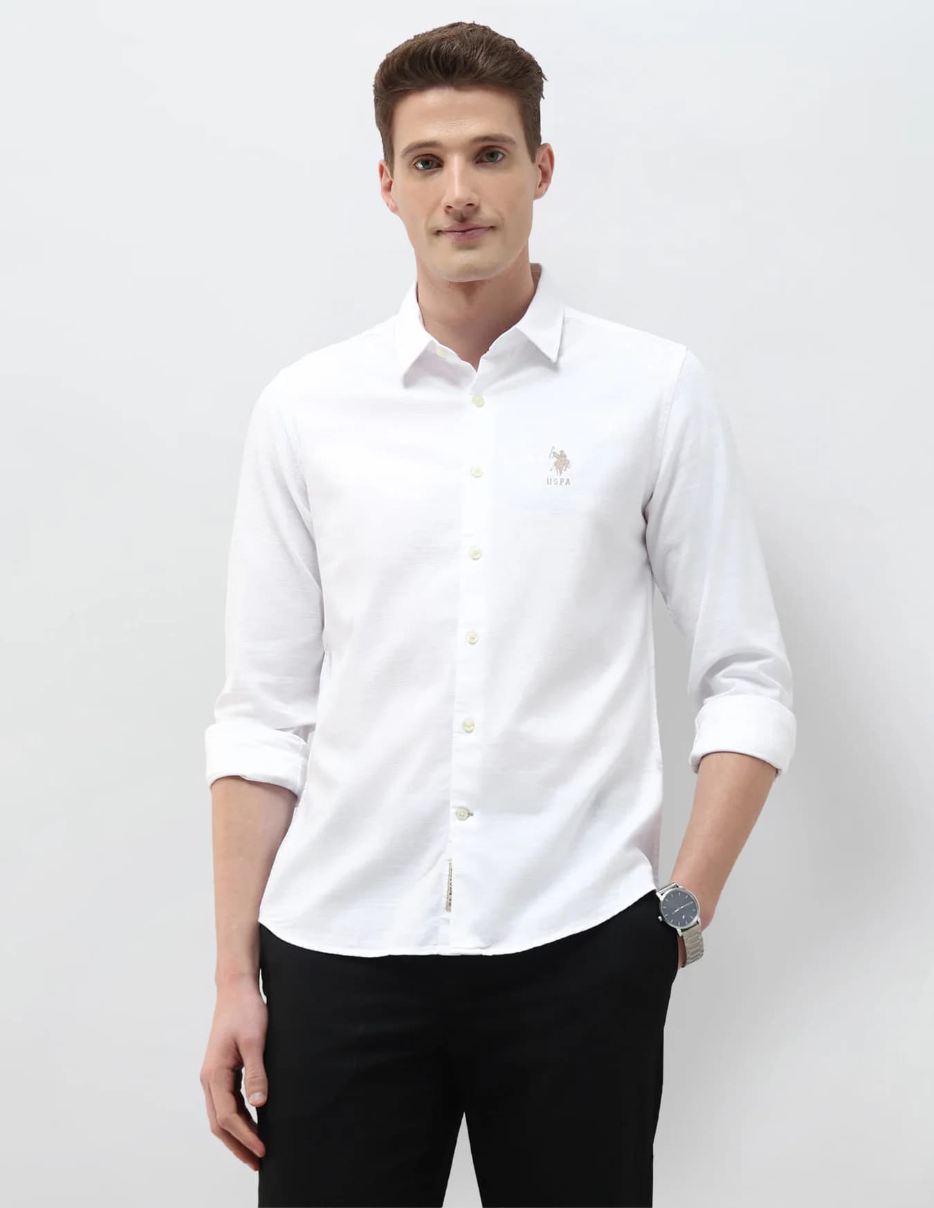 Men's White Casual Regular Fit Full Sleeves Cutaway Collar Shirt