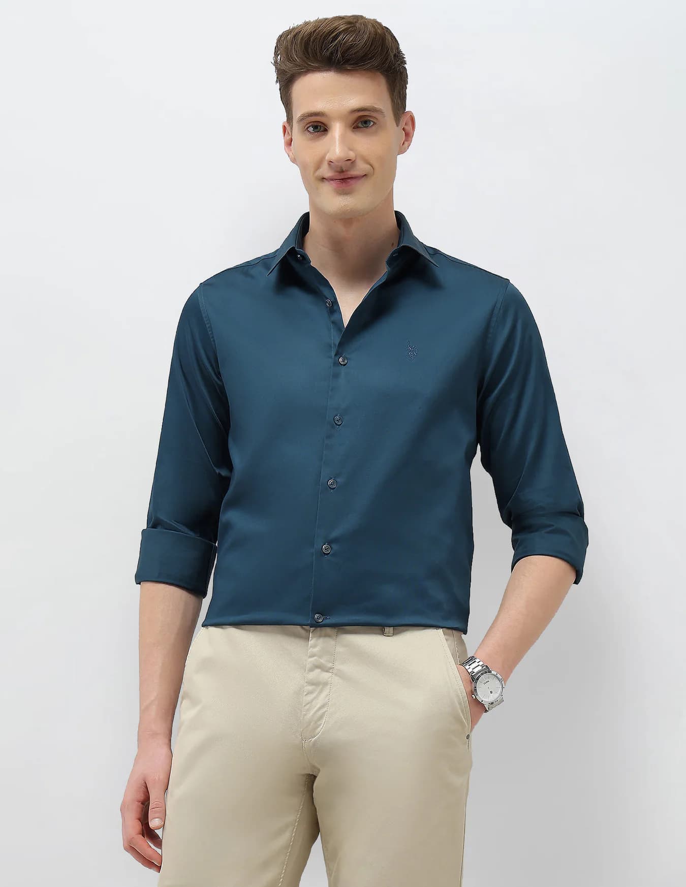 Men's Blue Casual Slim Fit Full Sleeves Cutaway Collar Shirt