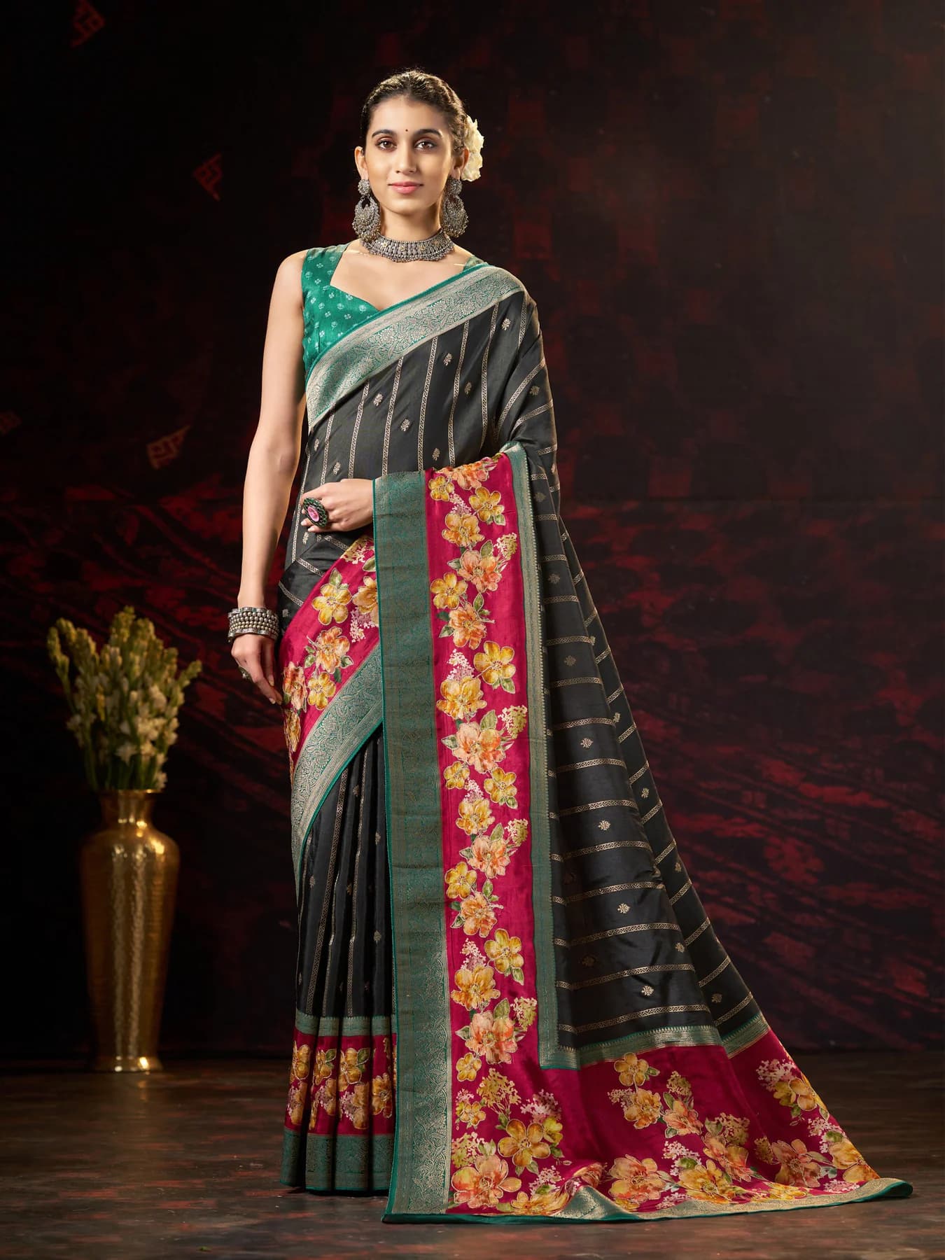 Women's Viscose Jacquard Striped Woven Black Banarasi Saree with Unstitched Blouse Piece